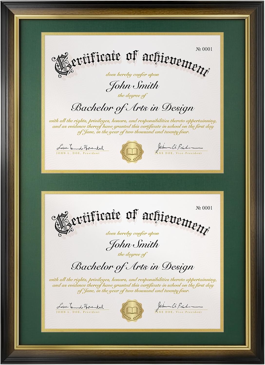 Double Diploma Frame 14x20, Display Two 8.5x11 Degree, Certificates, Documents, Tempered Glass with Acid-Free Green over Gold Mat, Dual Diploma Frame for Graduation, Walnut with Gold Trim