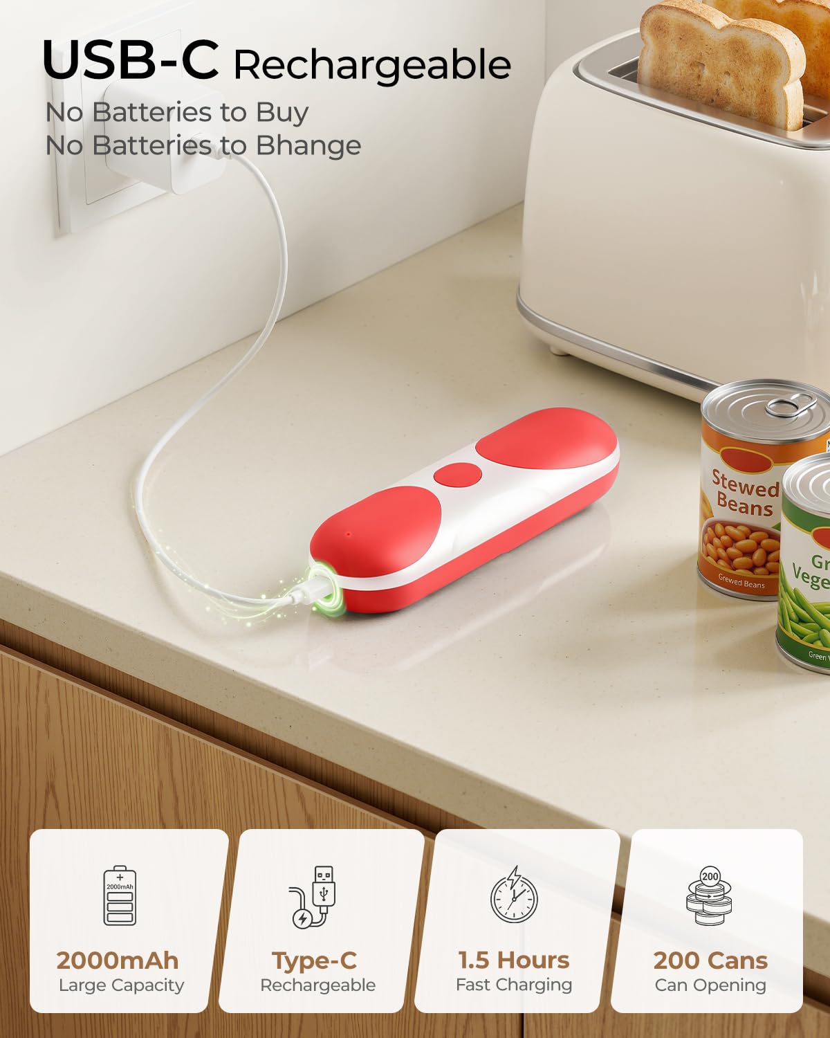 Apriscatole elettrico ricaricabile per anziani con artrite, funzionamento a batteria, funzionamento automatico one-touch, a mani libere, con bordo liscio, per lattine piccole o grandi