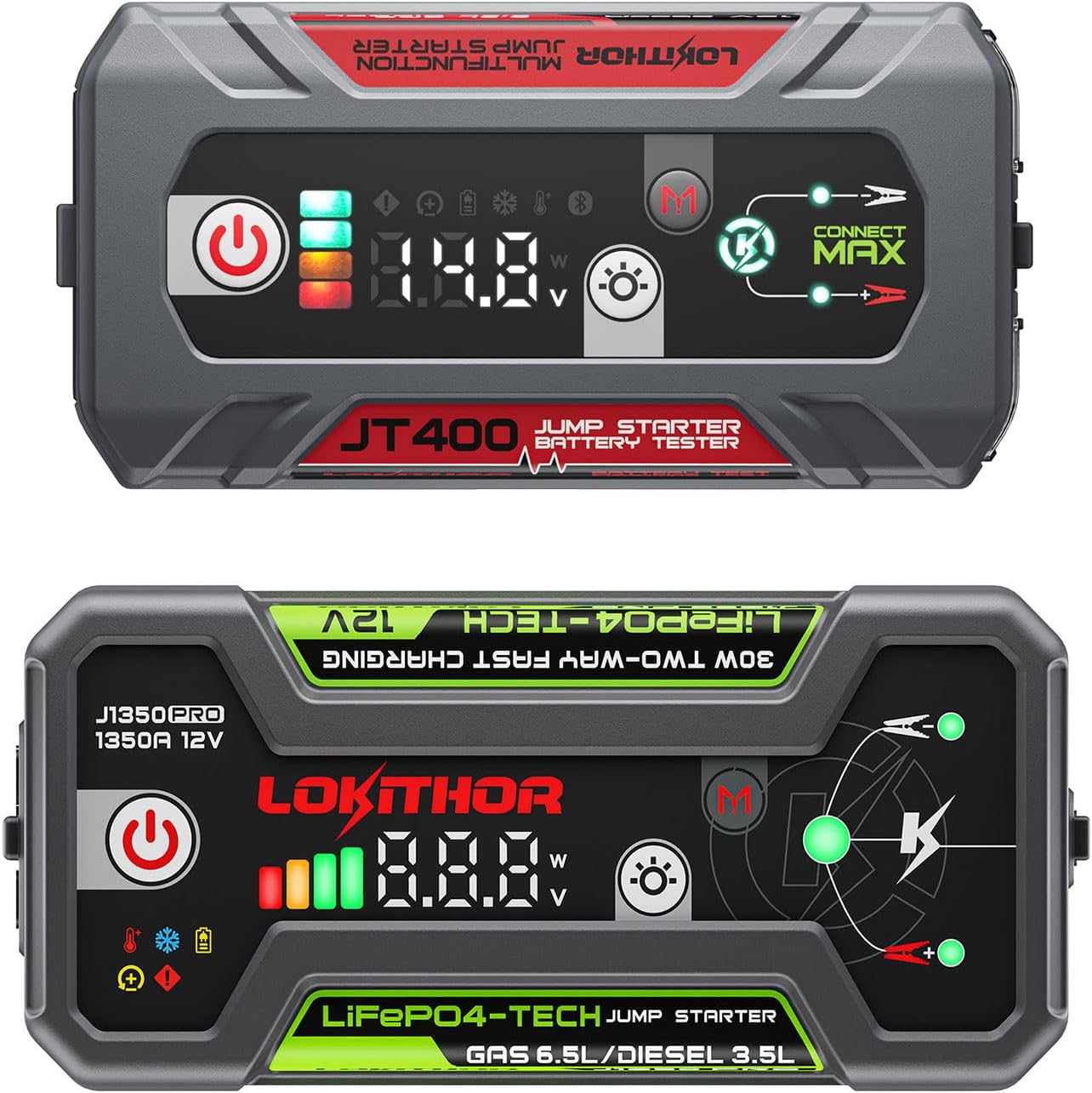 LOKITHOR JT400 2500A Jump Starter with 12V Battery Tester and J1350 PRO LiFePO4 1350 Amp Jump Starter