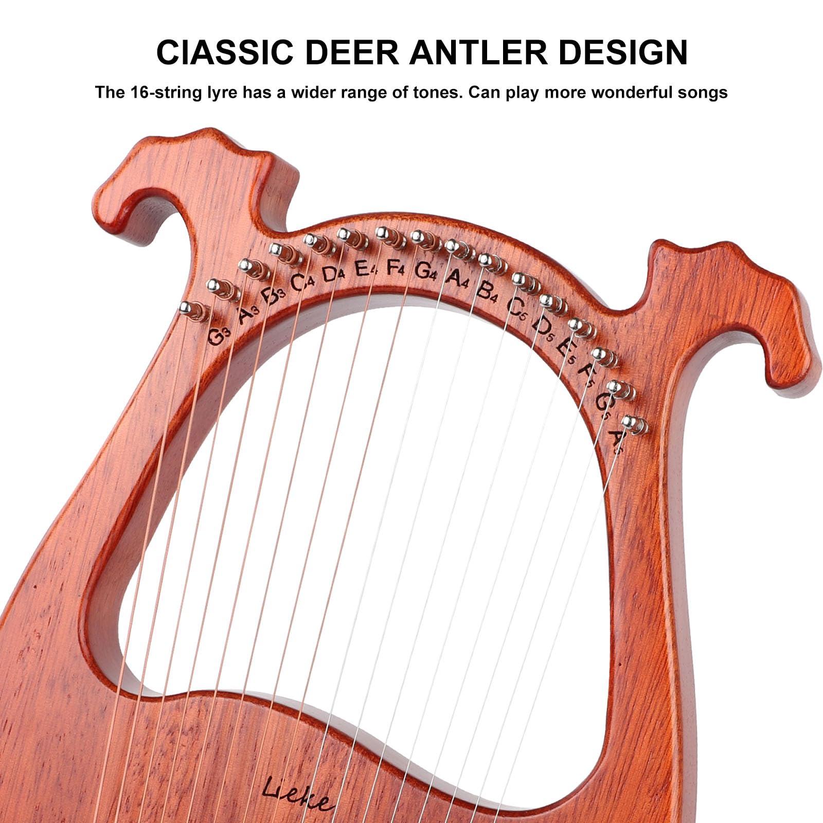 LIEKE Harpe lyre 16 cordes métalliques, corps en acajou et selle en cuivre, mini instrument de harpe cadeau avec sac de clé d'accordage pour musicien débutant