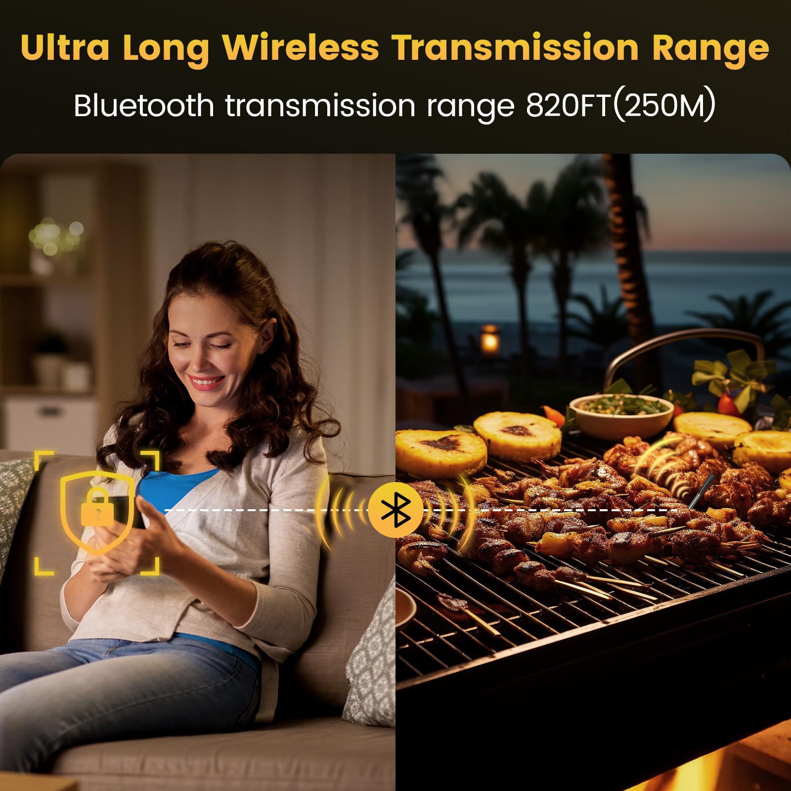Termometro per carne senza fili, doppia sonda | termometro Bluetooth per grill, IP67, impermeabile, portata 250 m, lavabile in lavastoviglie, termometro per forno, barbecue, affumicatore, barbecue e