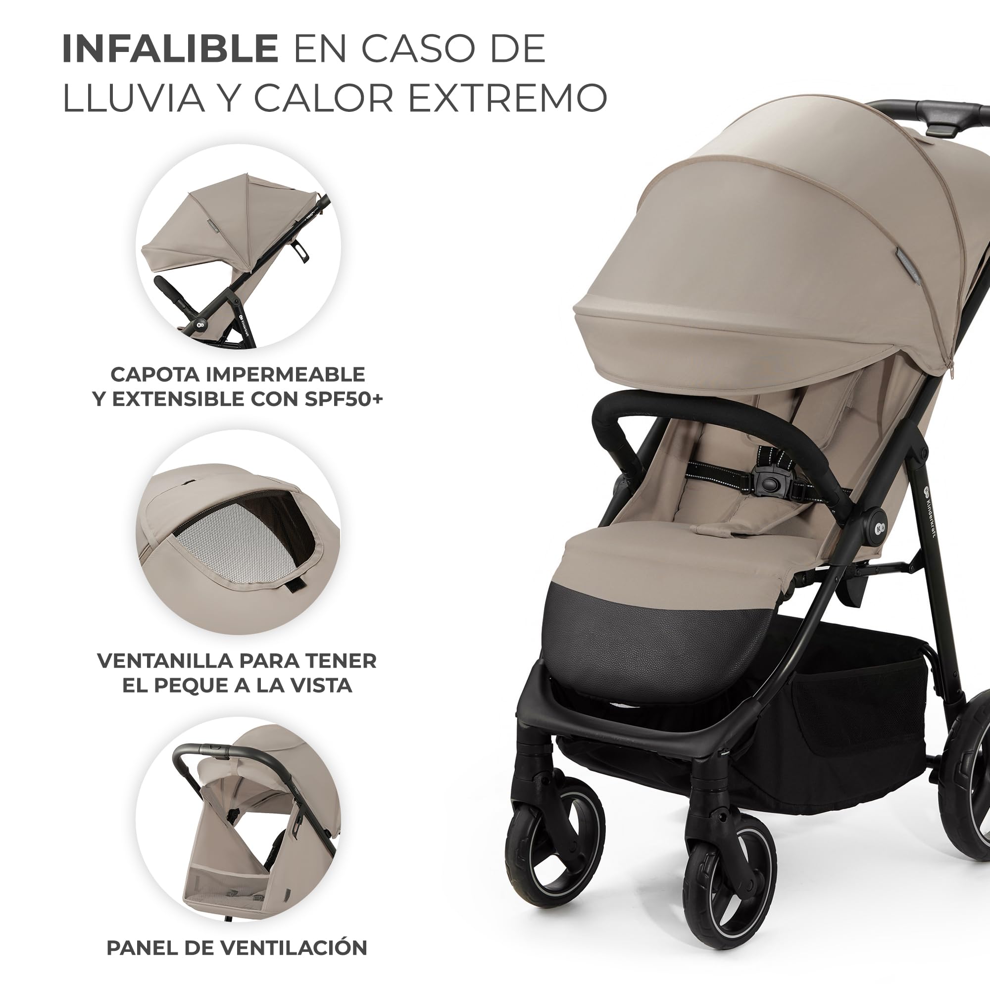 Kinderkraft TRIG 3, Silla de Paseo, Ligera y manejable, Suspensión, Cinturón de 5 puntos, Reposapiés, Ajustable, Carga máxima de 25 kg, Beige