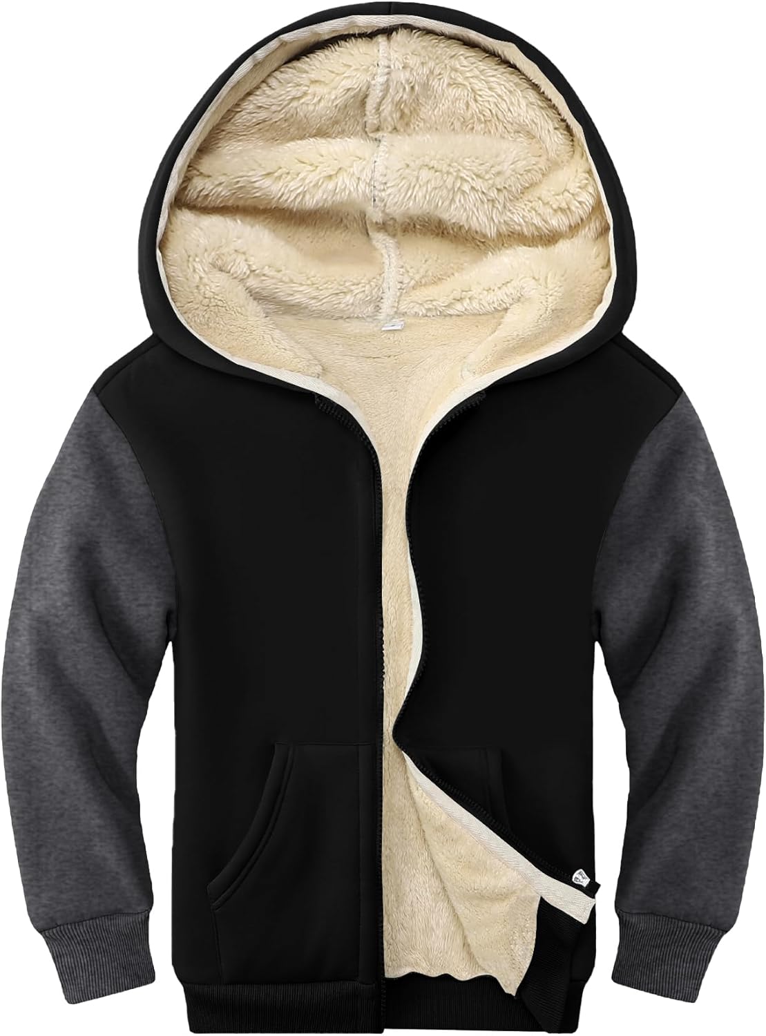Unisex Boys Girls Sherpa Lined Fleece Jacket Hoodie Kids Warm Winter Zip Up Hooded Sweatshirt Jackets Coat 4-15Y