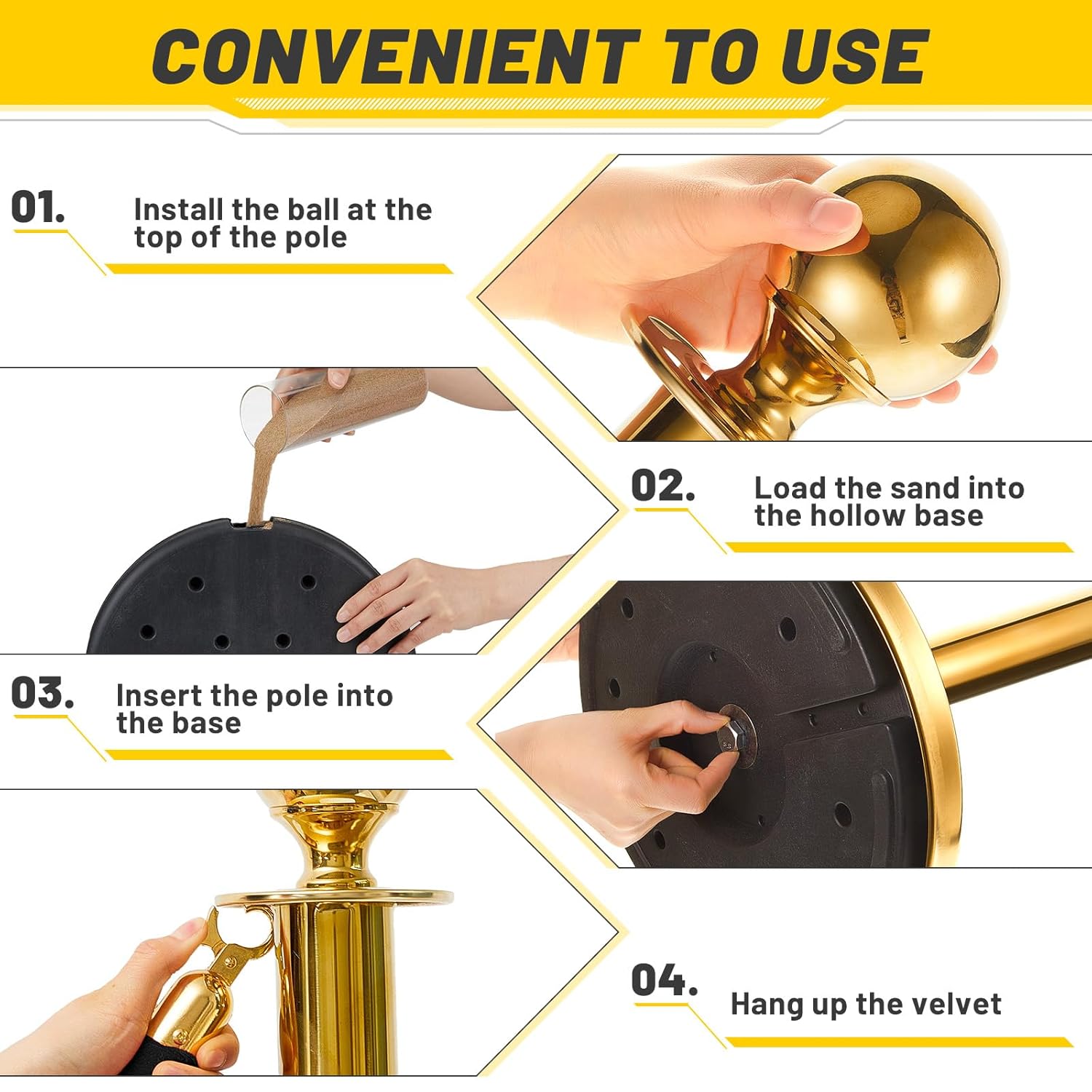 Ferraycle 4 Pcs Stanchion Post, Crowd Control Barriers, 5 ft Red Velvet Rope Red Carpet Ropes and Poles, Stainless Steel Gold Stanchions Used for Theaters, Parties, Wedding, Exhibition