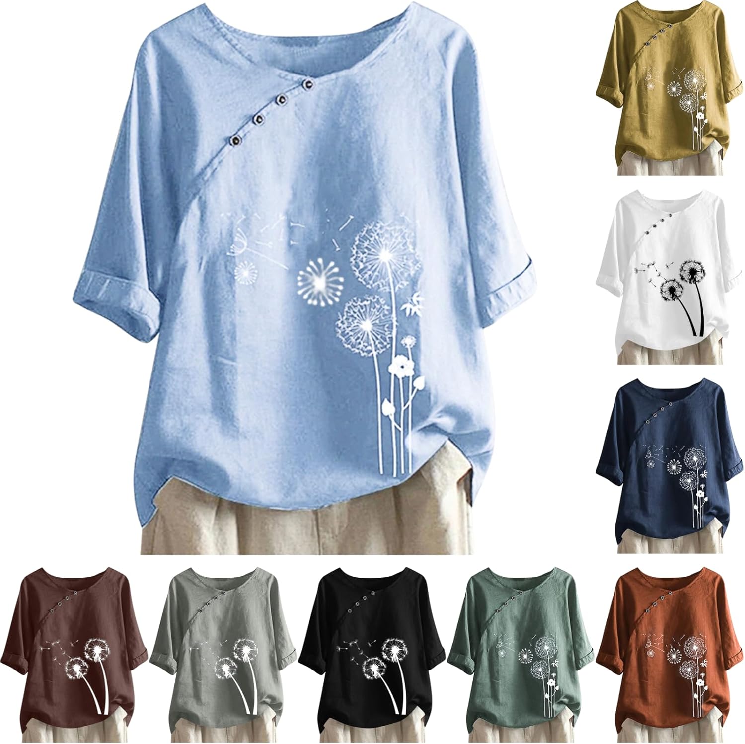 Linen Button Down Shirt Women,Womens Graphic T Shirts Summer Cotton Linen Blouse Short Sleeve Crew Neck Shirt Floral Print Tops with Buttons 2025