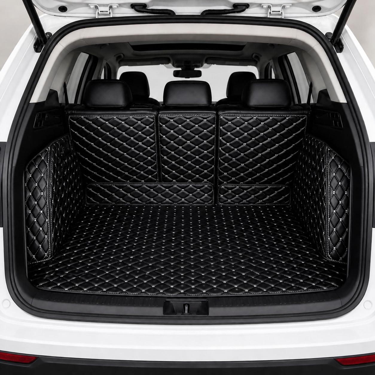 WBNLCRTD Leather Car Boot Liner for BYD Tang（7seats）, Waterproof Anti-Slip Trunk Mat Protector Full Coverage,Black/White Stitch
