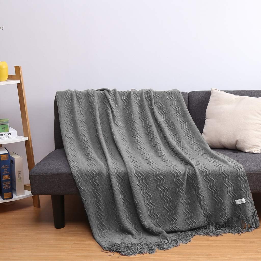 LANGRIA Throw Blanket Soft Decorative Knitted Blanket with Tassels Attractive Wavy Pattern Warm and Lightweight for Sofa Coach Bed at Home and Outdoor Machine Washable Eco-Friendly (50x60-Inch, Gray)