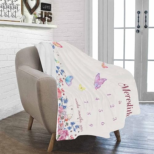 Miniatura 6 de Manta de hito mensual para bebé personalizada con nombre, manta de bebé personalizada con diseño de mariposa con tabla de crecimiento calendario