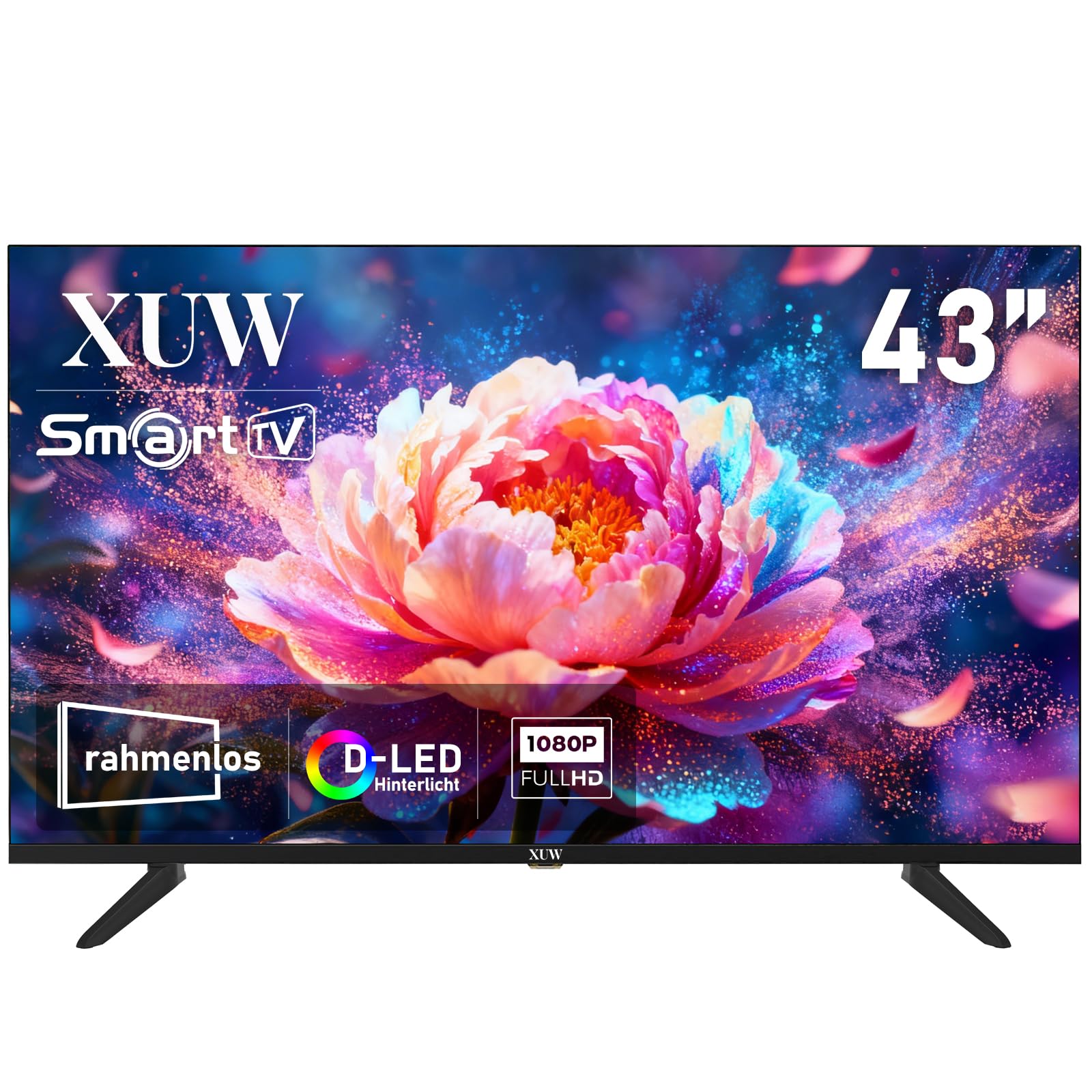 43-Zoll Full HD Smart TV, D-LED-Hintergrundbeleuchtung Fernseher, randloses Design, HDMI, USB, DVB-T2/S2, RJ45-Anschluss, großer Bildschirm für Wohnzimmer, Schlafzimmer, Heimunterhaltung- schwarz
