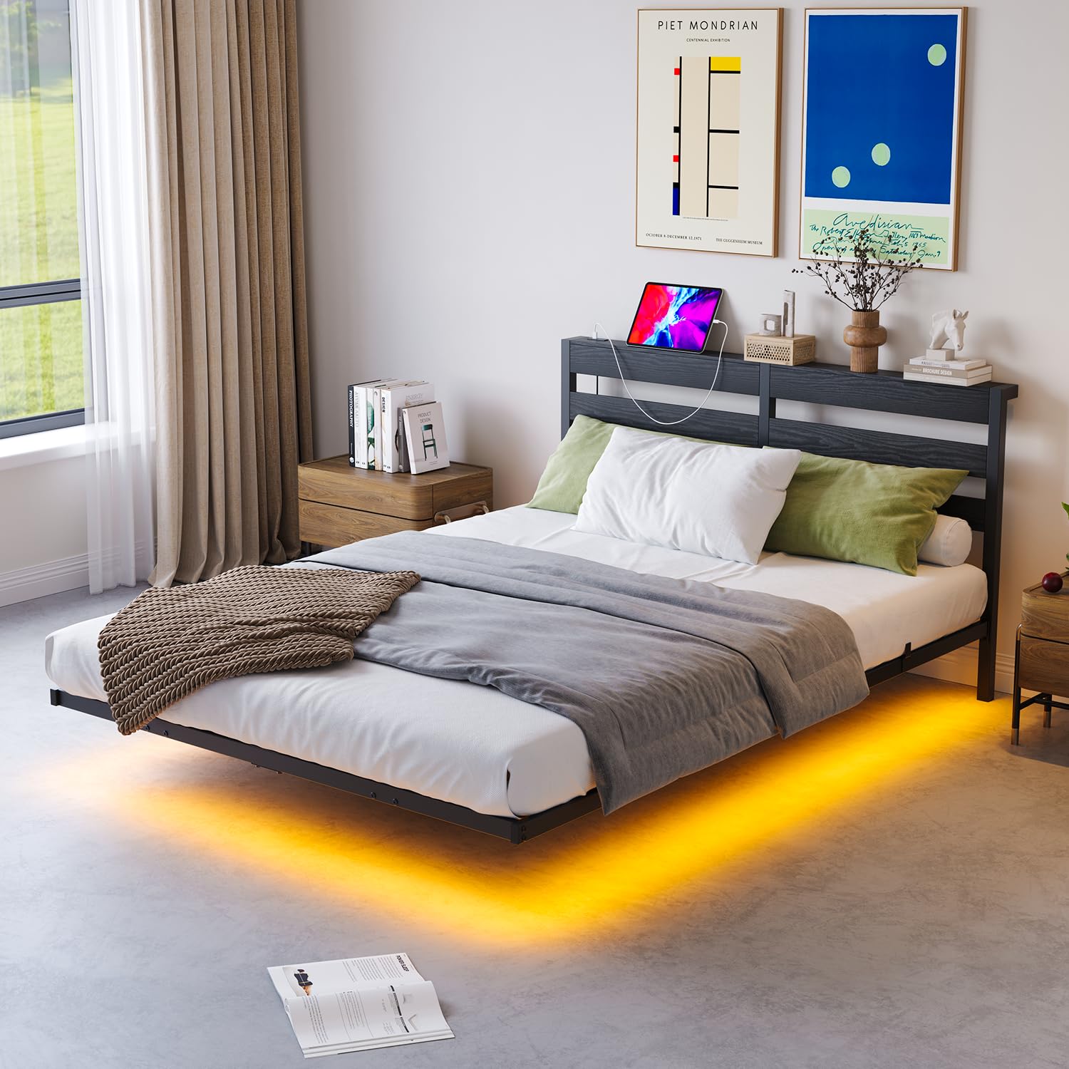 VERFARM Floating Full Bed Frame with LED Lights & USB Charging Station, Metal Platform Bed Frame Double Size with Wood Storage Headboard, No Box Spring Needed, Steel Slat Support, Noise Free