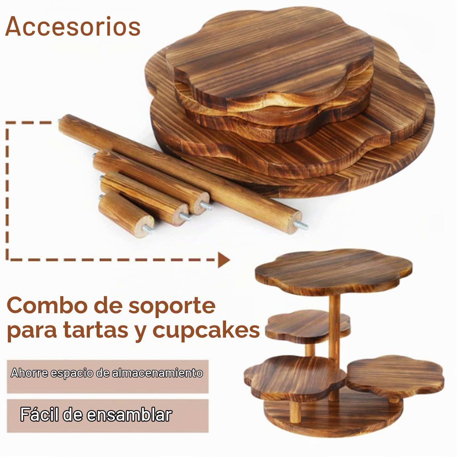 4 Niveles Para Buffet De Madera Porta Tartas,Soporte Para Tartas/Cupcakes De Madera,Fácil De Montar,Para Fiestas De Cumpleaños,Bodas,Fiestas(Marrone,con bordi smerlati)