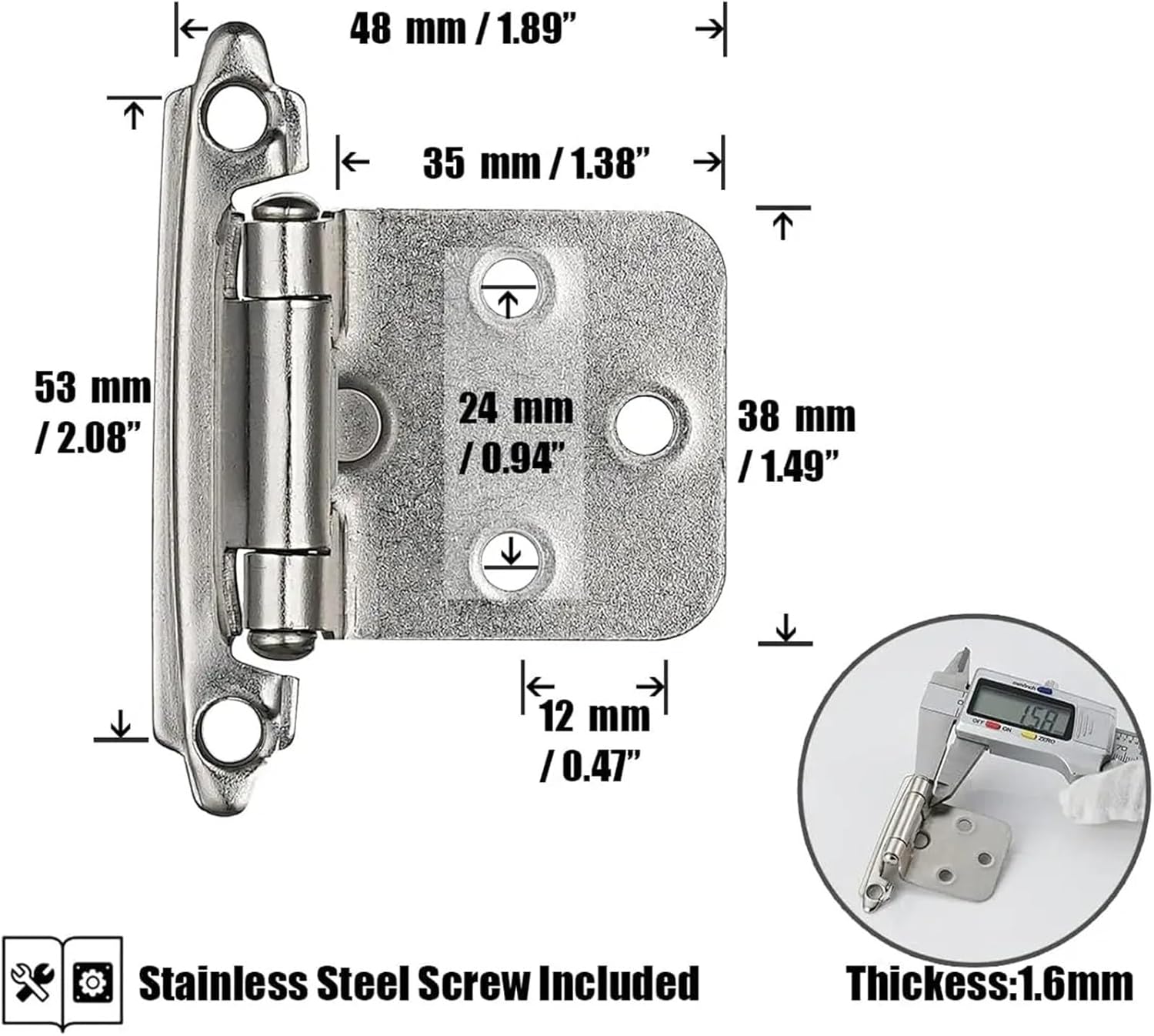 60 Pack 30 Pairs Overlay Cabinet Door Hinges Satin Nickel Flush Face Mount Cupboard Self-Closing Kitchen Cabinet