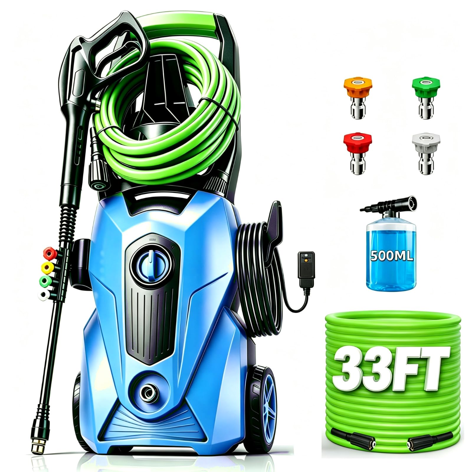 Electric Pressure Washer 5000PSI High Power Washer with 33ft Power Hose, 4 Nozzle and Foam Cannon, for Home, Cars, Fences, Patio (Navy Blue)