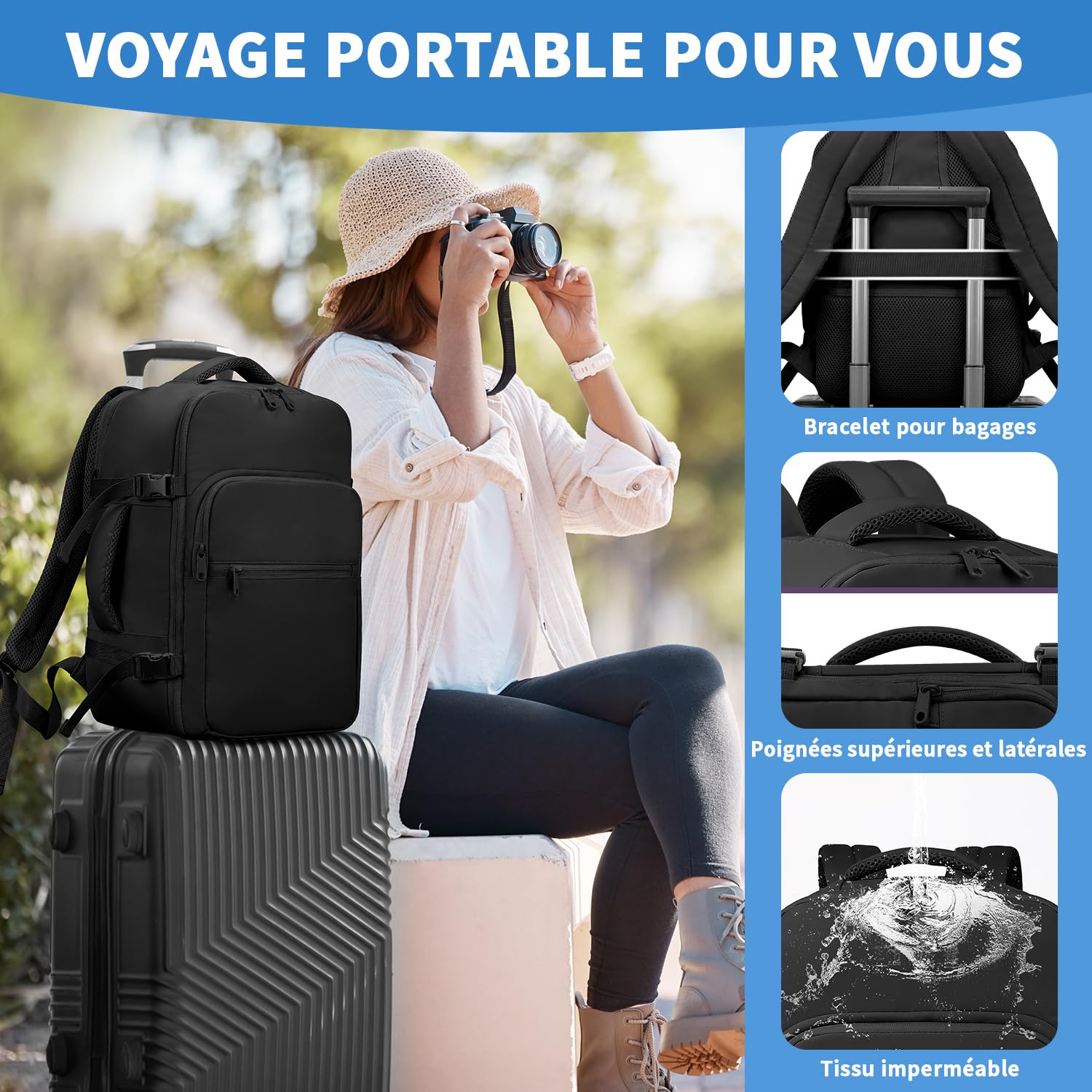 VSNOON Bagage cabine 40x30x20, 24L Sac a Dos Voyage Cabine Avion, Sac à Dos Ordinateur 15 Pouces pour Ryanair, Wizz Air, Transavia, étanche Sac Cabine Pour Homme, Noir