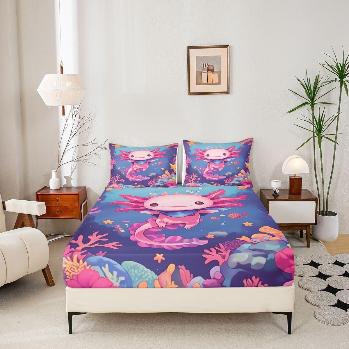 Erosebridal Cartoon Axolotl Fitted Sheet Full Size Cute Salamander Bed Sheets Kawaii Ocean Animal Bedding Set for Kids Boys Girls Women Starfish Marine Life Sheets