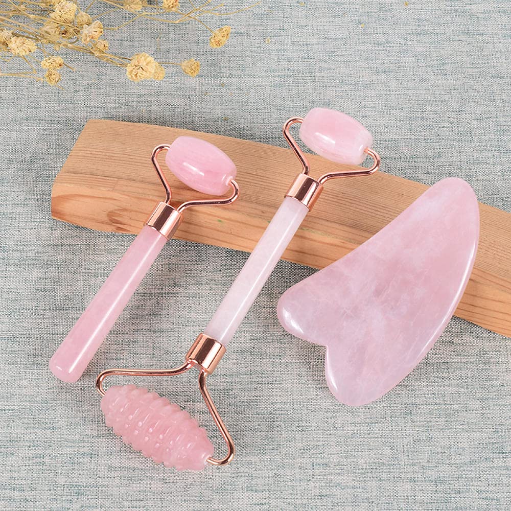 Rullo di quarzo rosa dimagrante per la cura del viso Gua Sha SHA Set di pietra naturale-4 pezzi