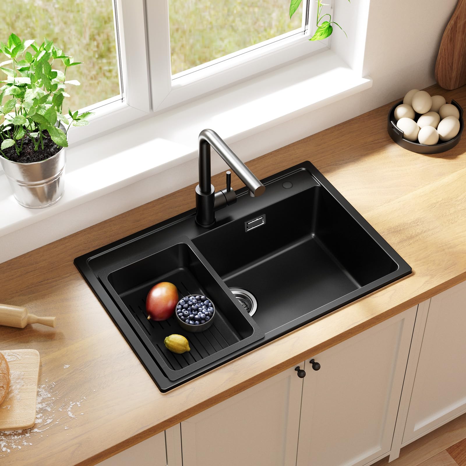 ANYCEE Lavello Cucina Nero 70x46 cm, Lavandino Cucina 1 Vasca con Cestello di Scarico, Lavello Granito per Mobile da 70 cm, Lavandino Nero di 80% Sabbia Quarzo con Sifone e Scarico