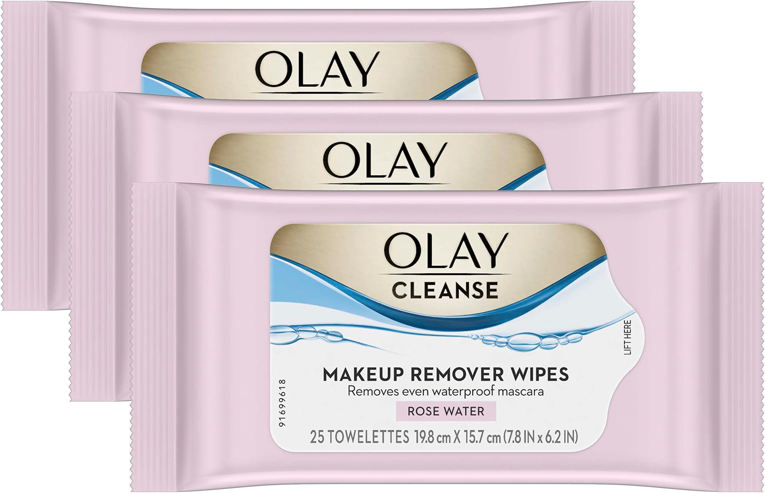 Olay Cleanse Makeup Remover Cleansing Face Wipes, Daily Facial Towelettes, Rose Water, 25 Count, 3 Pack