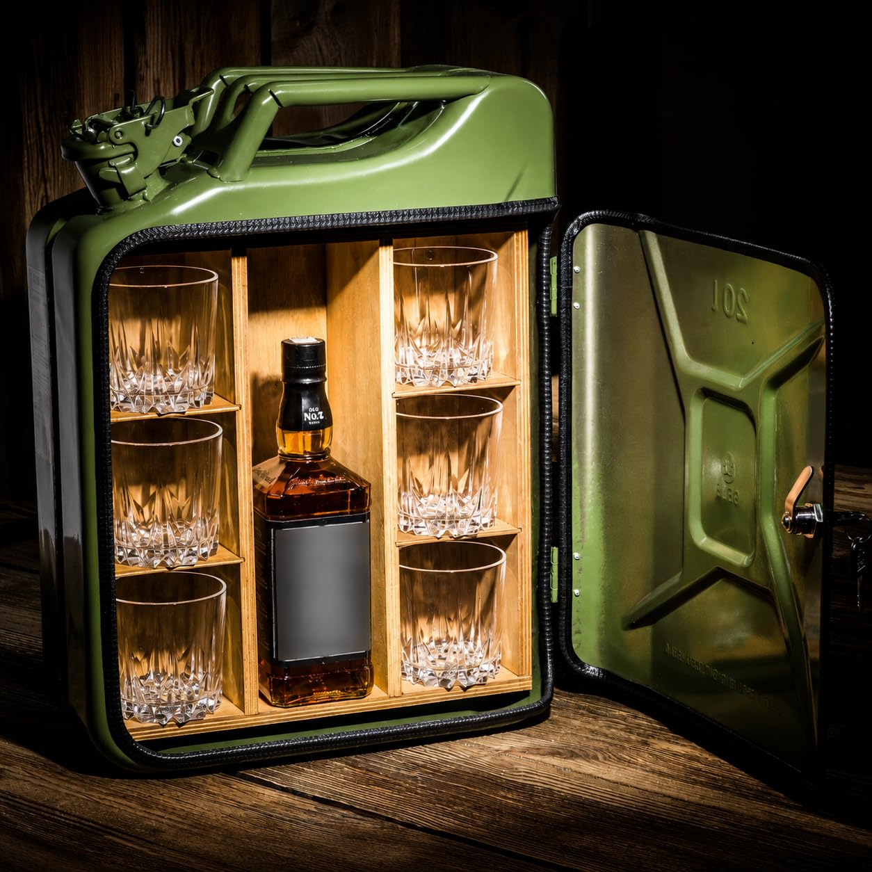20L Kanister Bar inkl. 3 Whisky Gläser- Jerrycan 4 Herausnehmbaren Fächern Grüner Metall Mobile Bar Geburtstagsgeschenk für Männer, Abschließbarer Minibar - Größe: 36x46x18cm