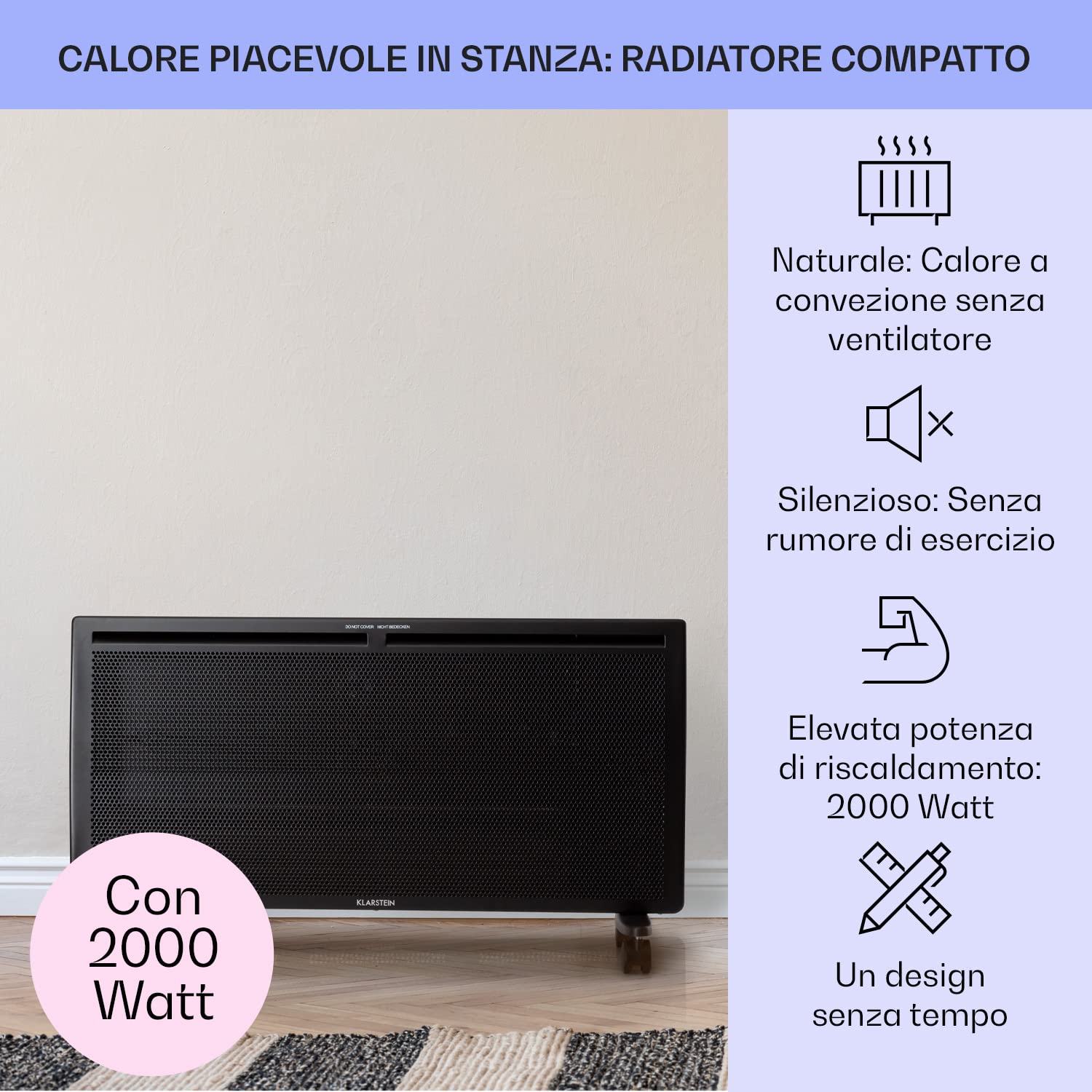 Klarstein Stufa Elettrica Basso Consumo, Stufa Elettrica 2000W, Termoconvettore Elettrico a Parete con Termostato, Termosifone Elettrico Basso Consumo, Calorifero Riscaldamento Elettrico Portatile
