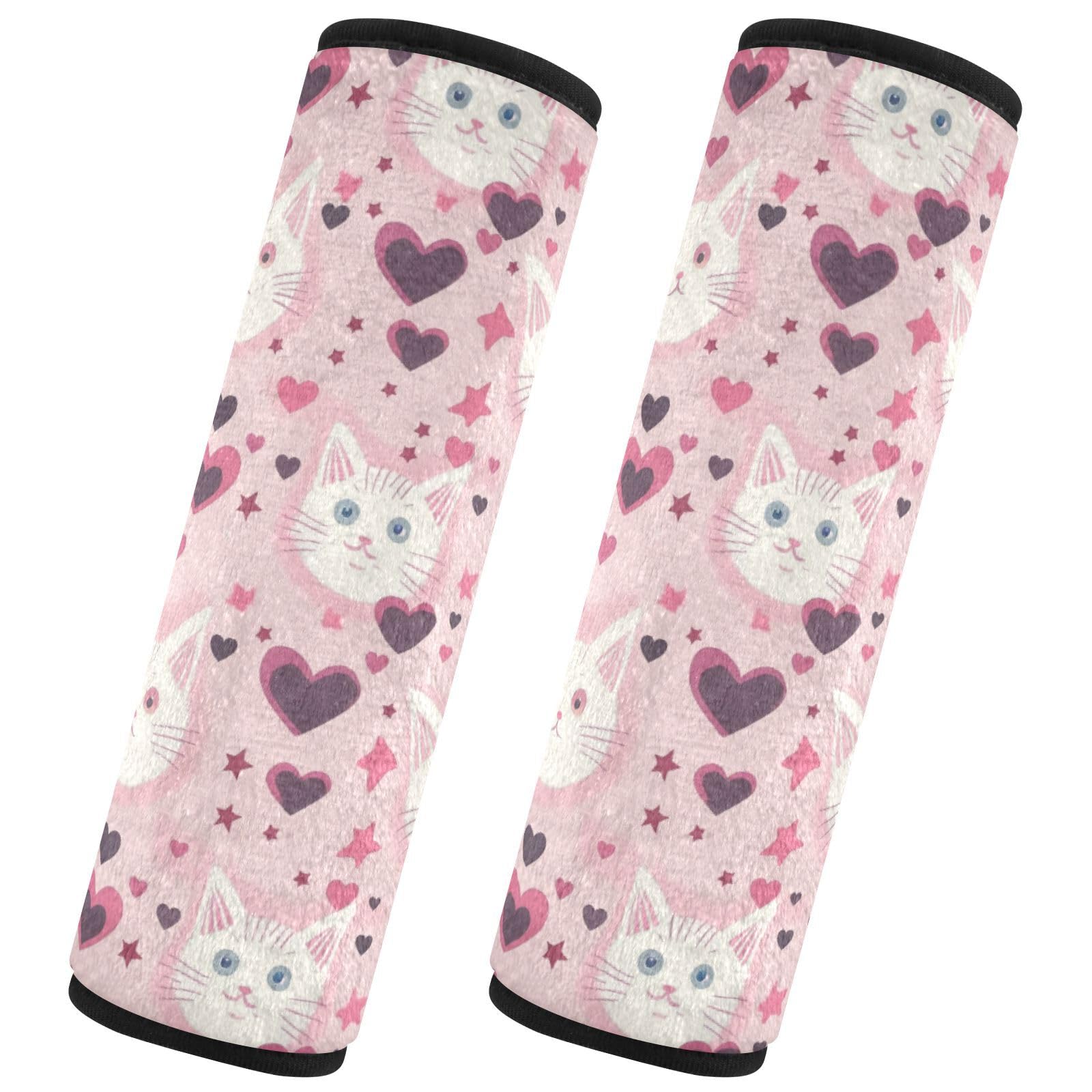 Seat Belt Covers 2 Pack Cute Cat Head Car Seat Strap Covers Super Soft Hearts Stars Car Seat Neck Cover for Boys Girls Adults Babies M
