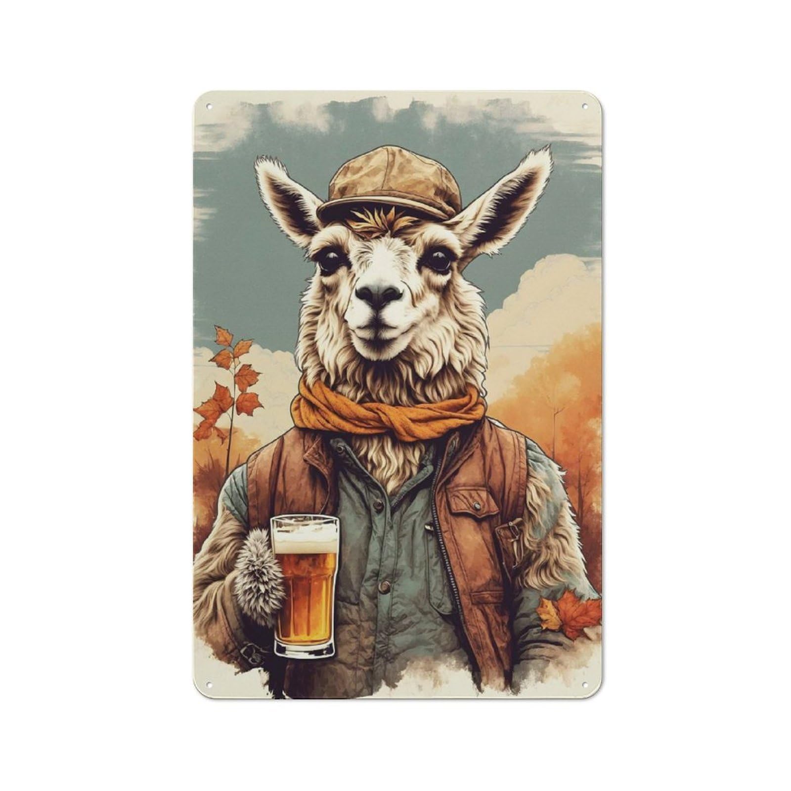 Junmoney Llama Drinking A Beer For Man Cave Or Games Room, Retro Tin Sign 30X20cm, A Christmas Gift For People Styling Man Cave And Games Room