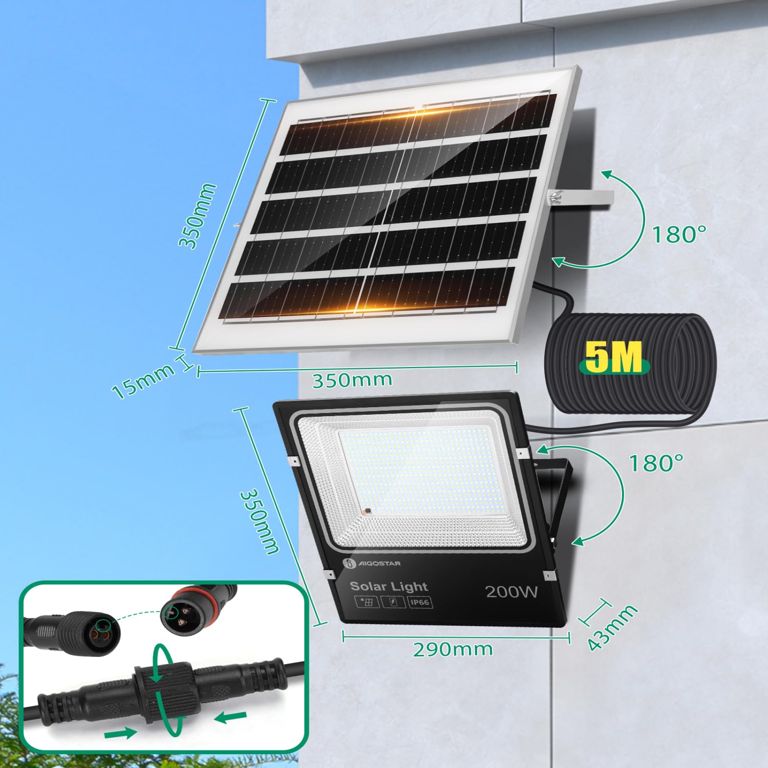 Aigostar-Solar LED Strahler Außen mit Große Solarpanel,5 m Kabel,Dimmbar 3000K/4500K/6500K,16000mAH,Große Batteriekapazitä,IP66,Solarlampen für Außen Gärten,Solarleuchte mit Fernbedienung,2 Stück