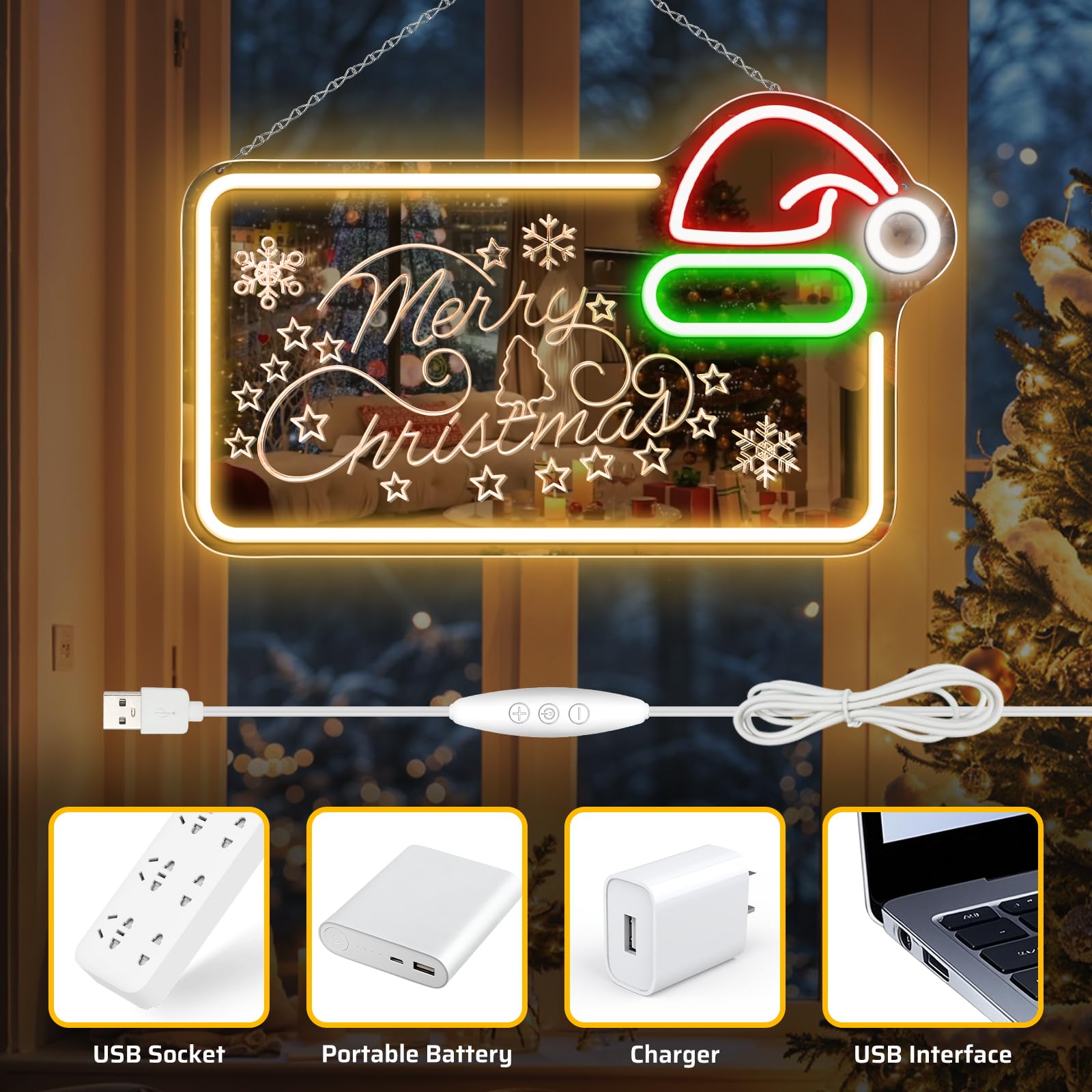 Letrero LED de neón con espejo de 16.5 x 10 pulgadas, decoración de pared con luz LED regulable con sombrero de Papá Noel, decoración de pared alimentada por USB para el hogar, habitación de los niños