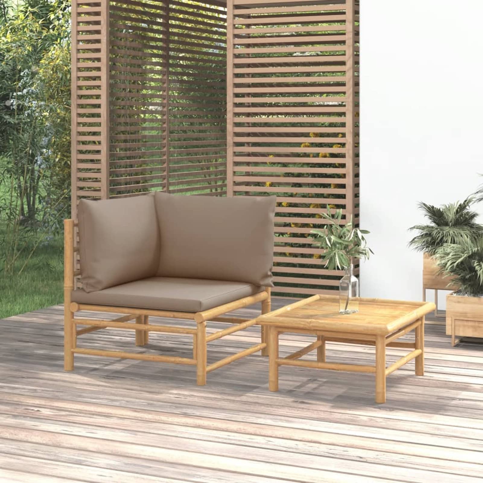 Ensemble de salon de jardin Homgoday en bambou avec ses coussins taupe confort