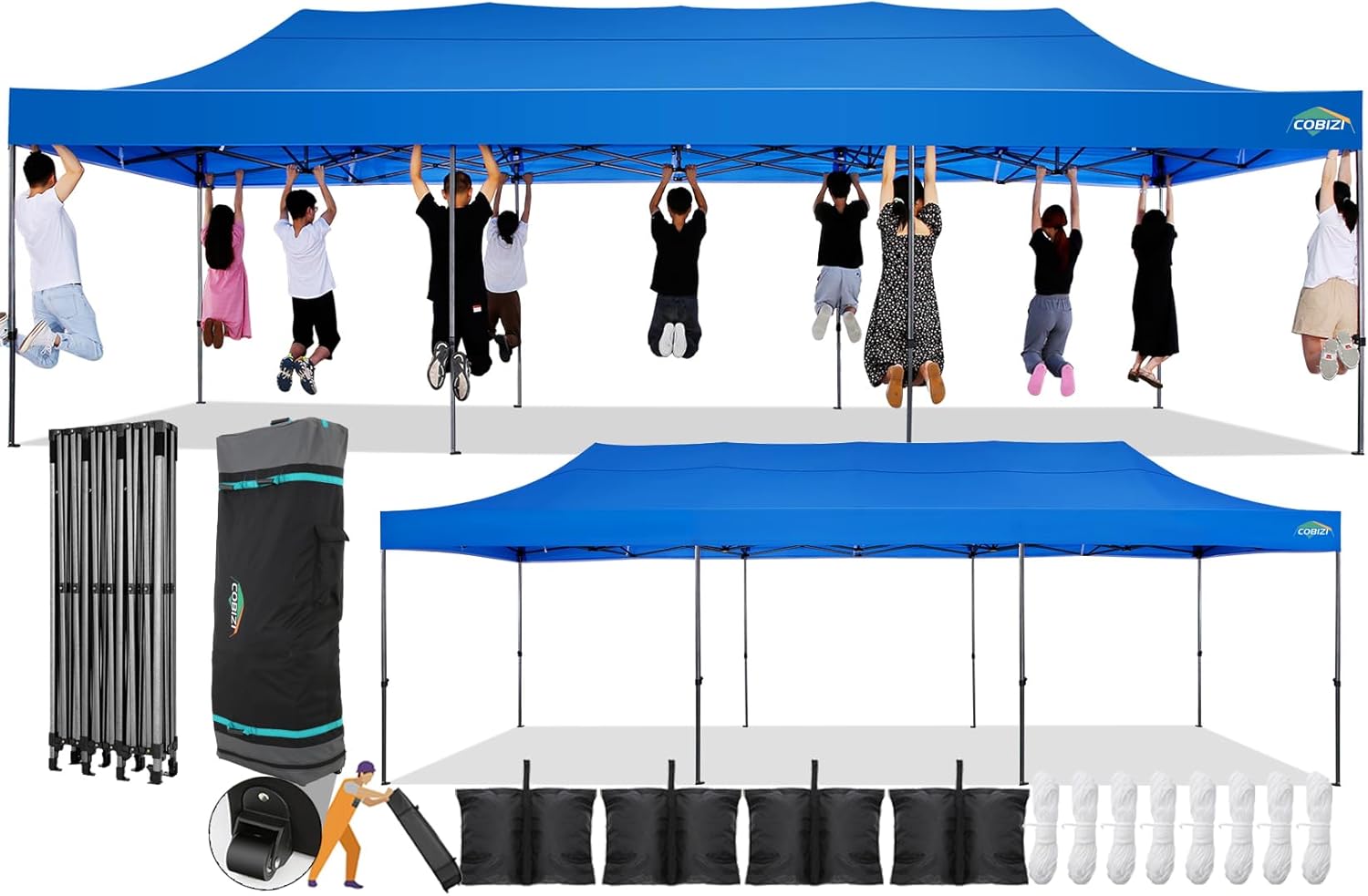 COBIZI 10×30 Pop Up Cover With out Sidewall,Heavy Responsibility Cover UPF 50+ All Season Wind Waterproof Business Outside Marriage ceremony Social gathering Tents for Events Cover Gazebo with Curler Bag(10 x 30 ft Blue)
