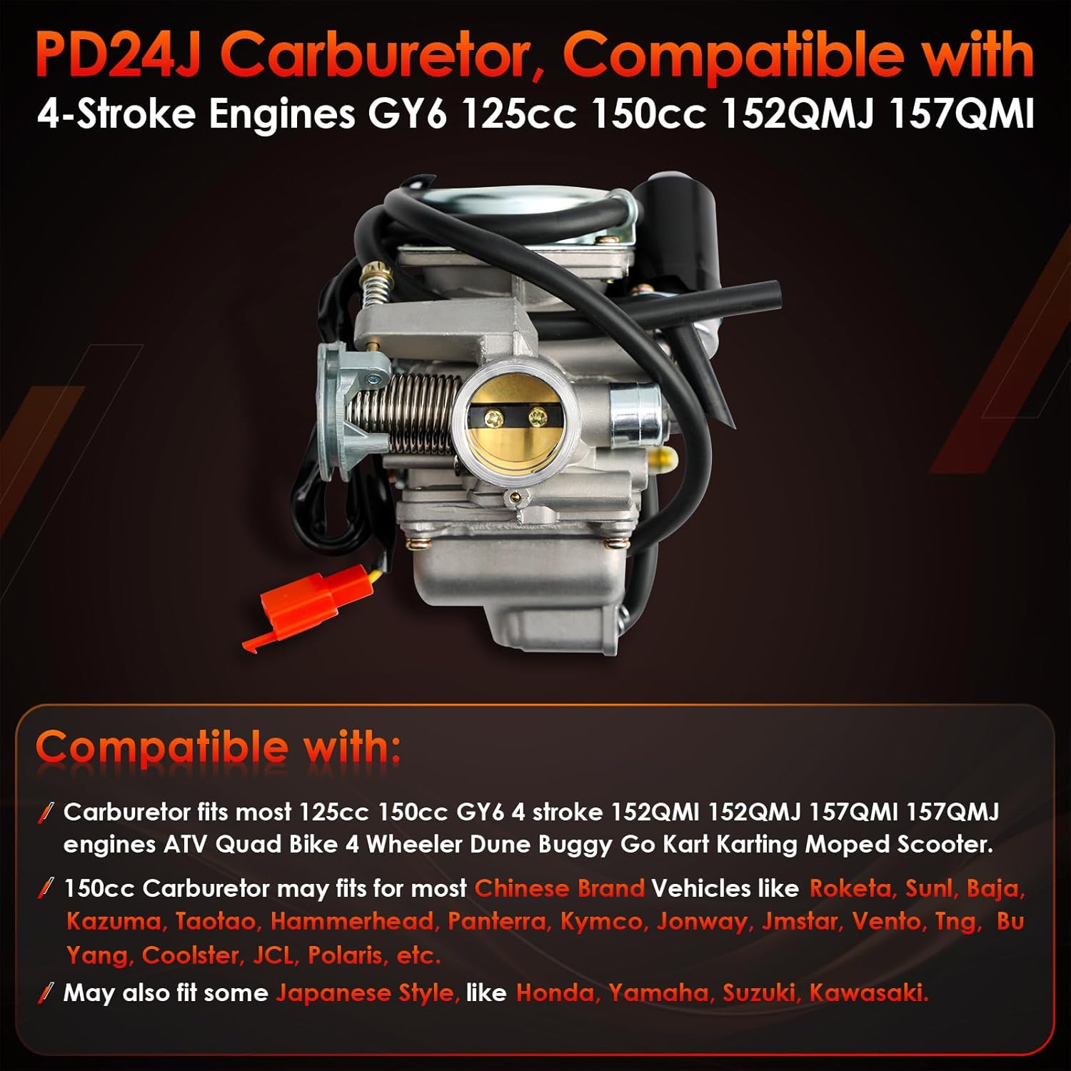 PD24J Carburetor, Compatible with 4-Stroke Engines GY6 125cc 150cc 152QMJ 157QMI ATV Quad Bike 4 Wheeler Dune Buggy Go Kart Moped Scooter Manifold Intake 24mm Carb