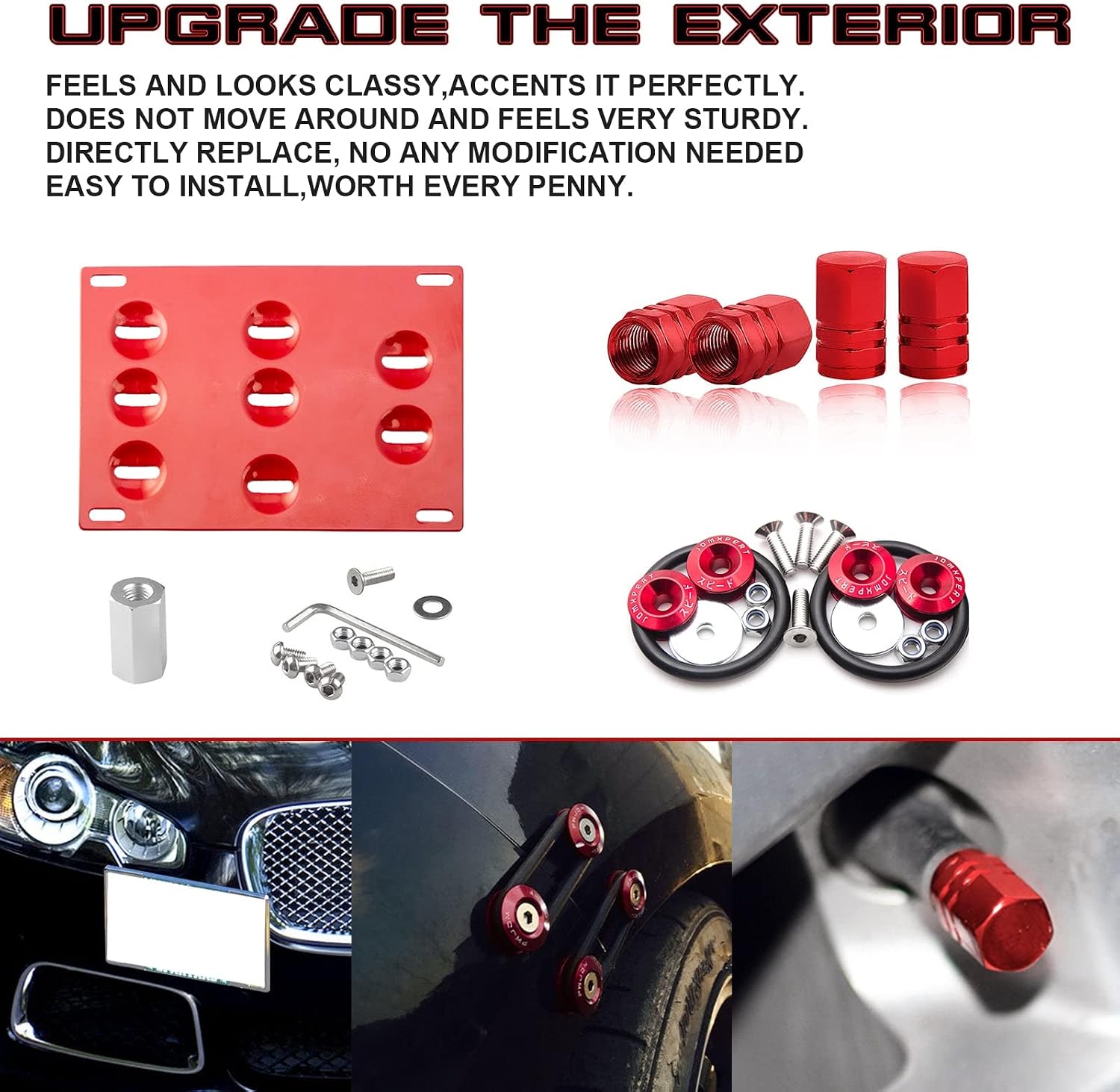 x xotic tech Set Aluminum Tow Hook License Plate + Wheel Stems Air Valve Caps + Release Fastener Compatible with Jaguar XF 2009-2020 & Jaguar XE 2017-2020(Red)