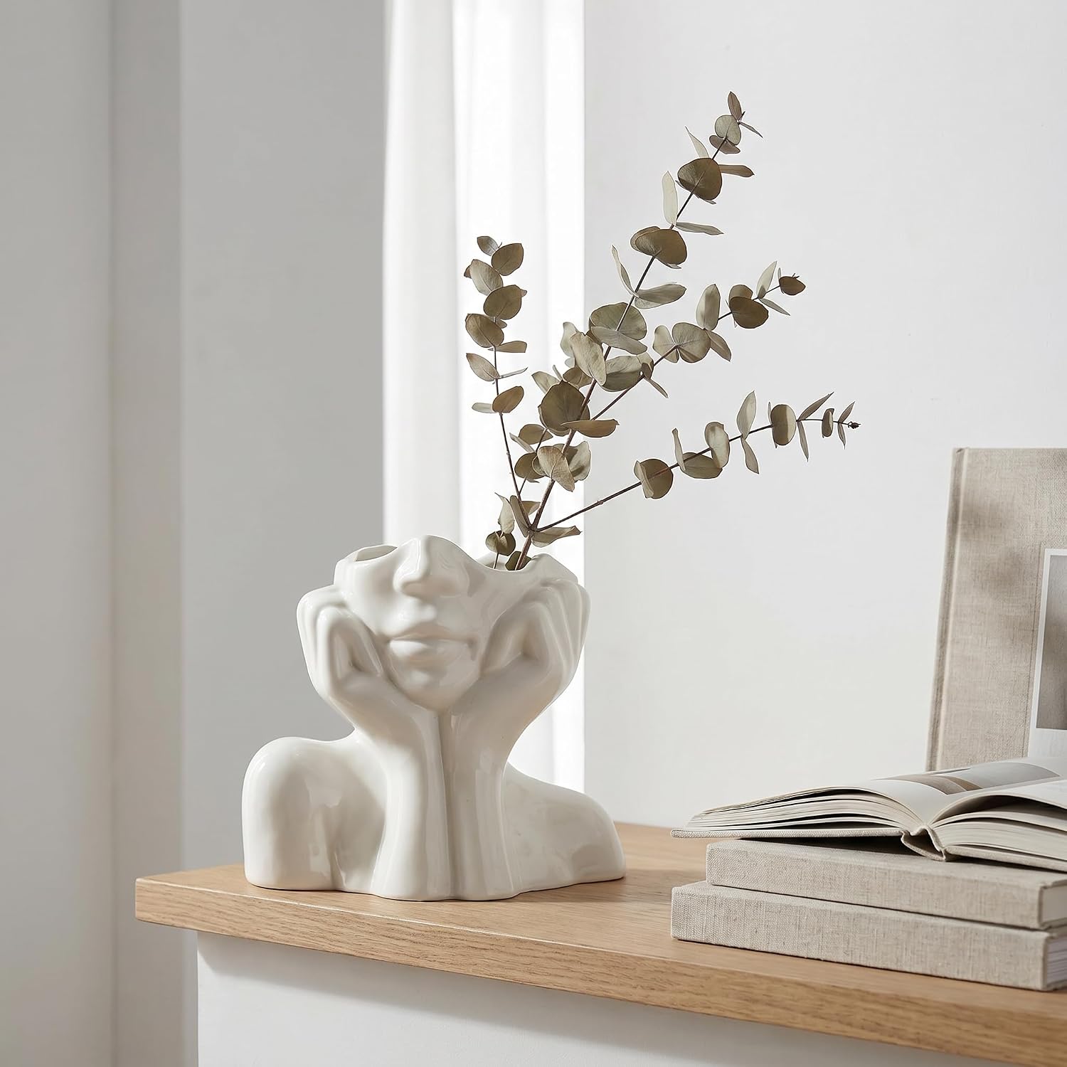 Ceramic Face Vase - Cute Half-Body Female Head Planter for Flowers, Modern Farmhouse Decor - Perfect for Desk, Table & Bookshelf, Home Accent