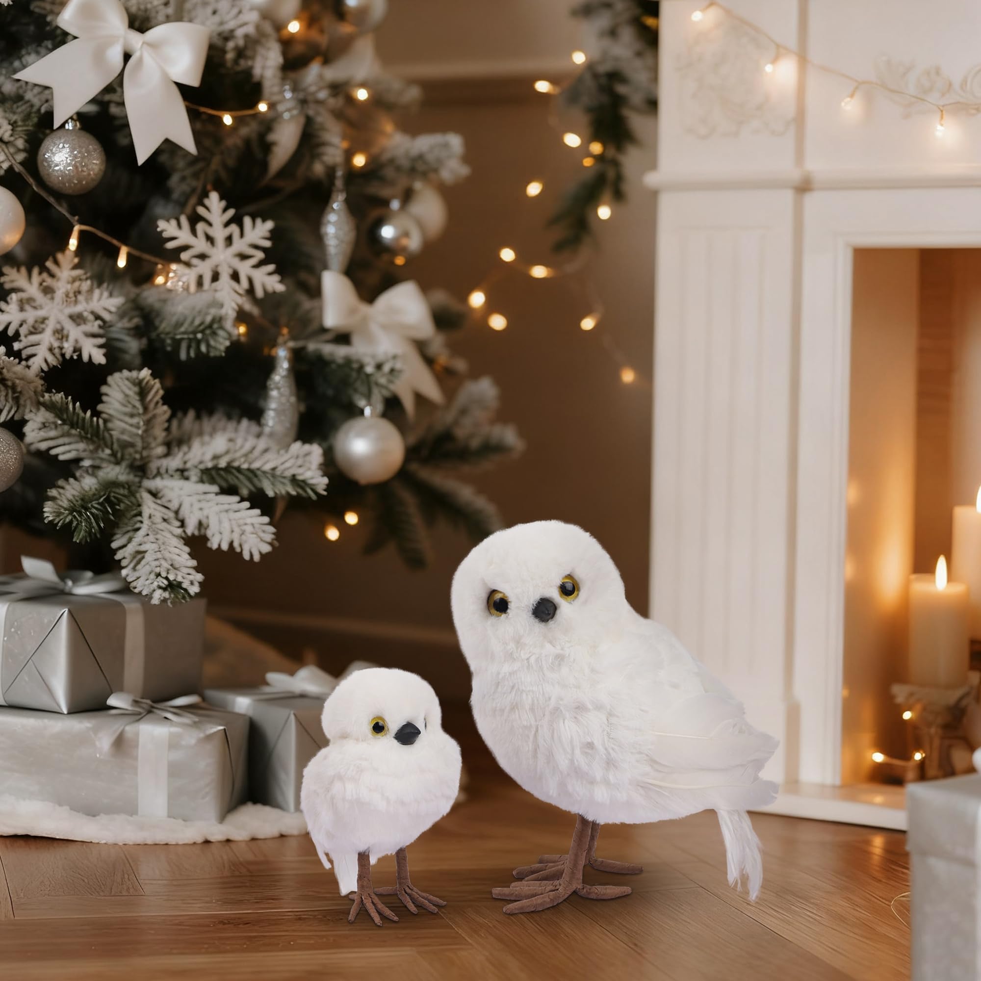 winemana Set di 2 decorazioni invernali a forma di gufo bianco, ornamenti natalizi pelosi, decorazioni da tavolo per feste in casa
