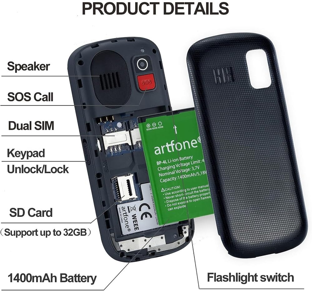 KELIN Telefono cellulare senza SIM per anziani, telefono base sbloccato e facile da usare per anziani con SOS, pulsanti grandi, volume alto (nero)