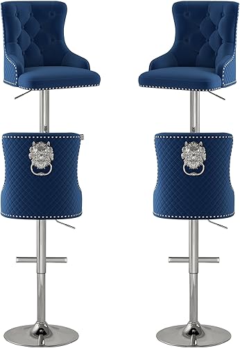 Miniatura 33 de Juego de 2 taburetes de bar de terciopelo con anillo giratorio de león para encimera de cocina, taburetes de bar tapizados con cabeza de clavo, Gris