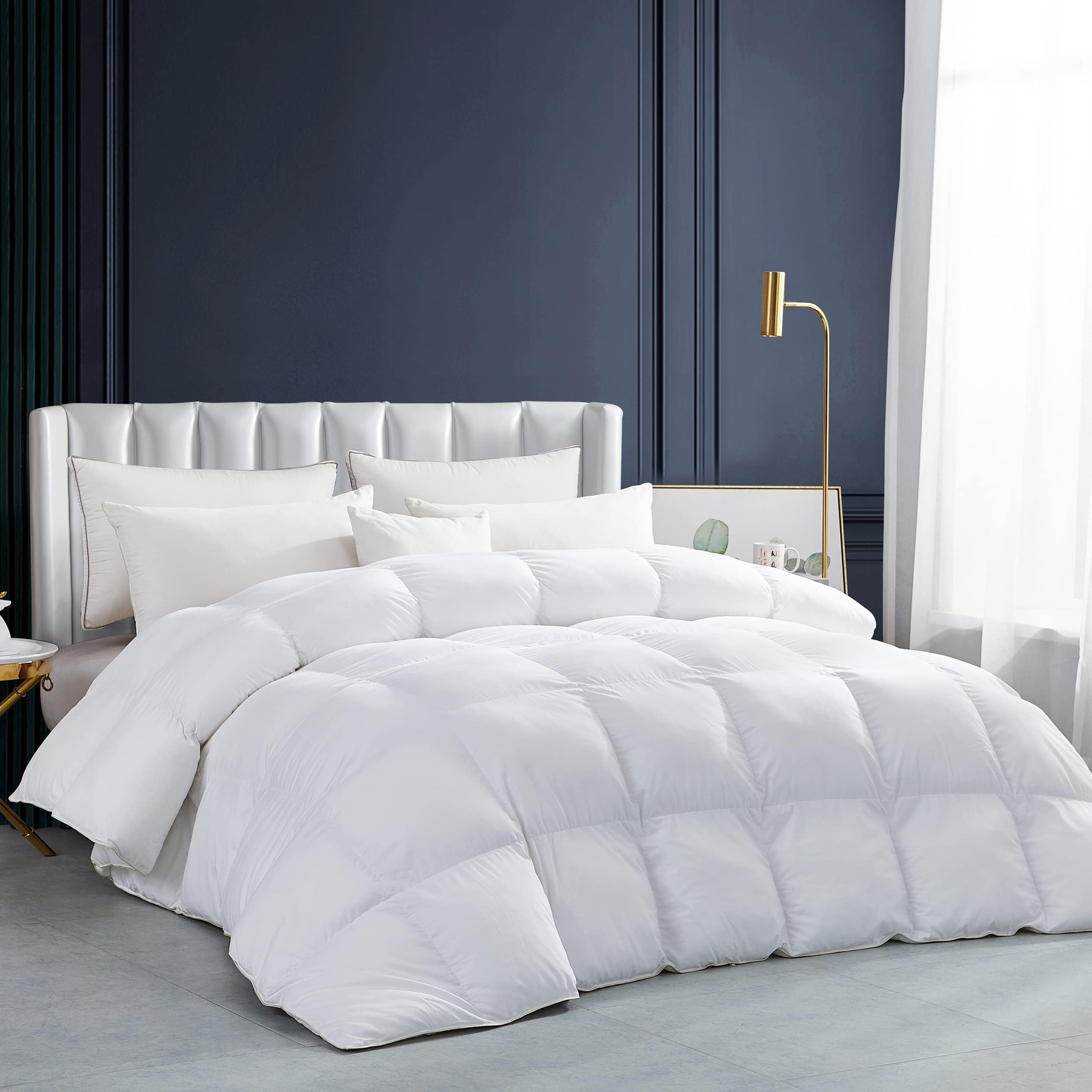 Luxurious White Solid Heavy Weight, Twin Size Goose Feathers Down Comforter for Winter Weather Duvet Insert, Premium Baffle Box, 100% Egyptian Cotton Cover, 60 oz. Fill Weight