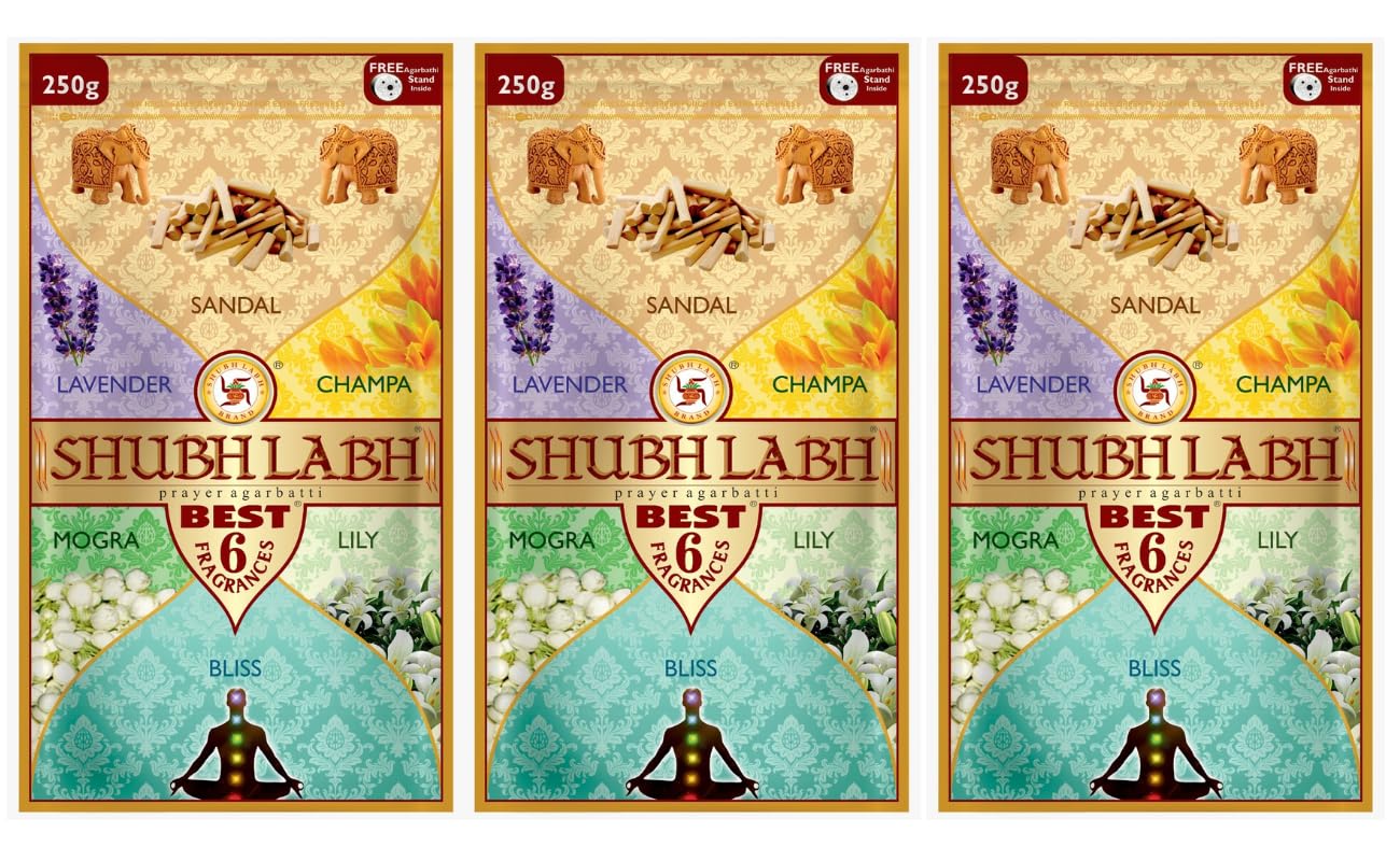 Shubh Labh Assorted Agarbathi/Incense Sticks Zipper (510 Sticks) (750gm) | Sandal, Lavender, Mogra, Lilly, Bliss, Champa |Flower Incense Sticks |45–50 Burn| Agarbati for Pooja |250 Gm Each|Pack of 3-picture-38