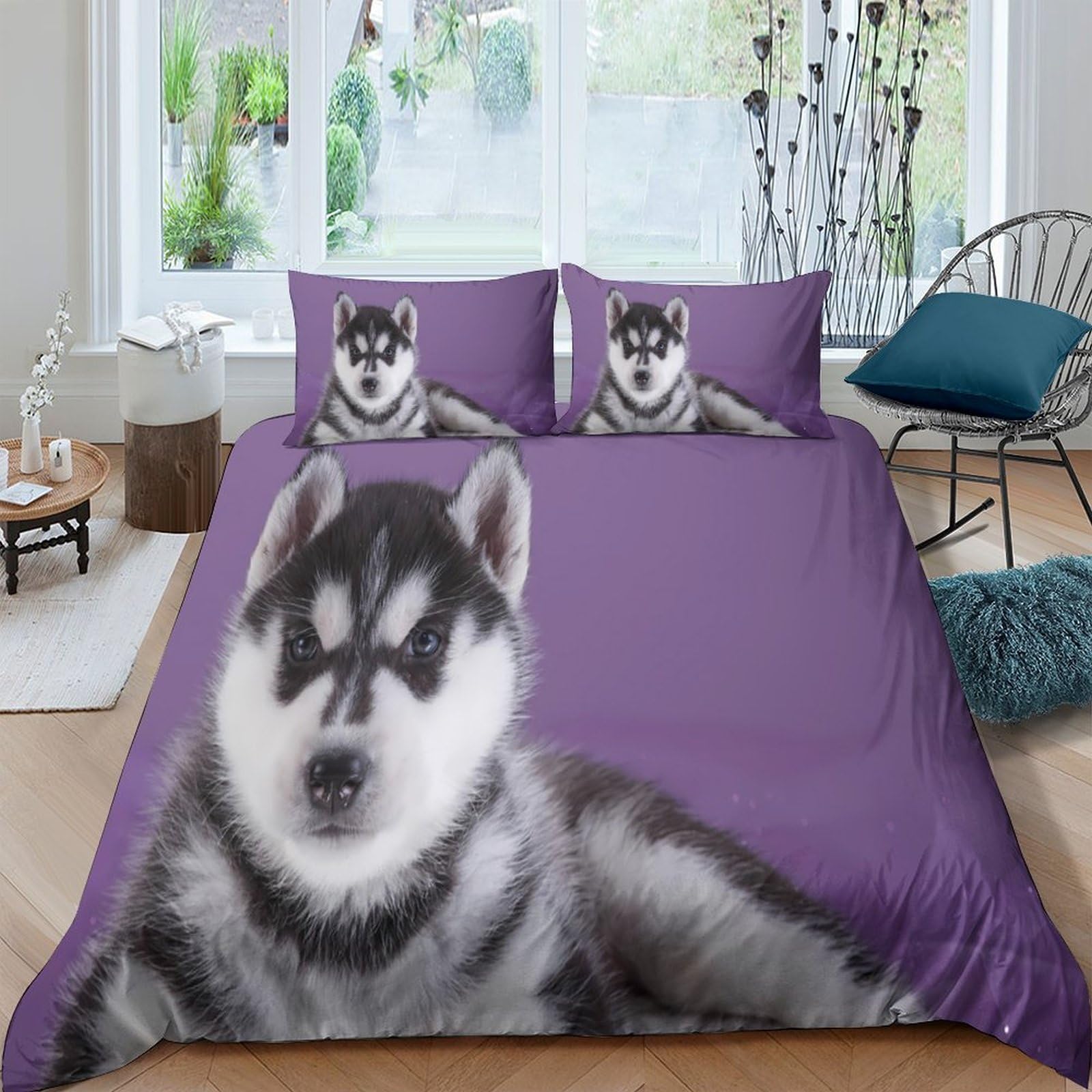 Ctjqhvkz Style-1 3D Printed Husky Dog Fitted Sheet Microfiber Purple Animal Pattern Bed Cover Non Slip Machine Washable For Bedroom Home Decor Single（135X200cm）