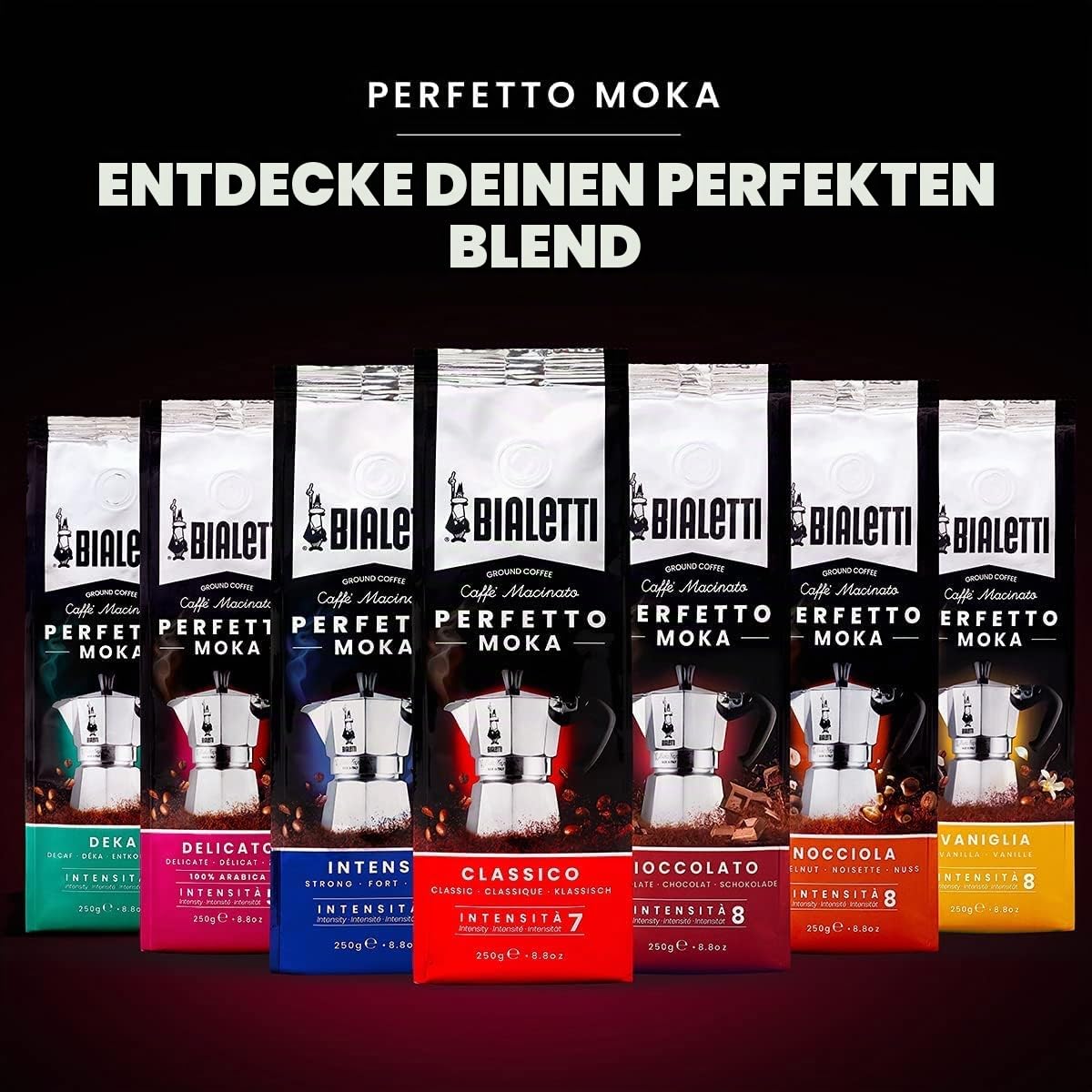 Bialetti Brikka Induktionskaffeemaschine, 4 Tassen (160 ml) & Perfetto Moka Classico: Gemahlener Kaffee mit mittlerer Röstung, Aroma von Haselnüssen und Getrockneten Früchten, 250g