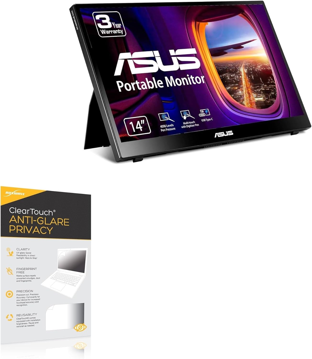 BoxWave Screen Protector Compatible with ASUS ZenScreen Ink Portable Touchscreen Monitor (MB14AHD) (14 in) - ClearTouch Anti-Glare Privacy (2-Pack), Privacy Screen Protector Flexible Film Anti-Glare