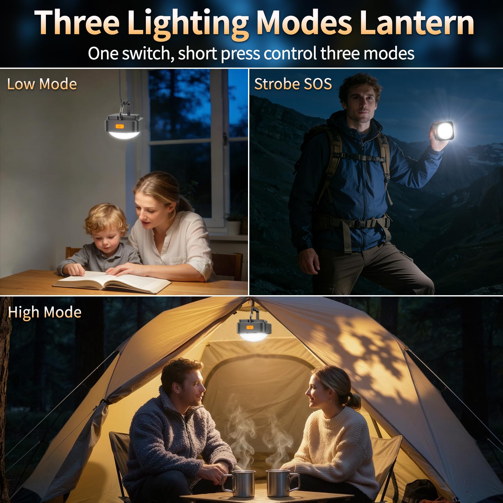 FLY2SKY - Luces de camping recargables, 1 unidad, 2000 mAh, luces de tienda de campaña, linterna LED portátil, equipo de supervivencia, accesorios de camping para senderismo, mochilero, pesca, huracán