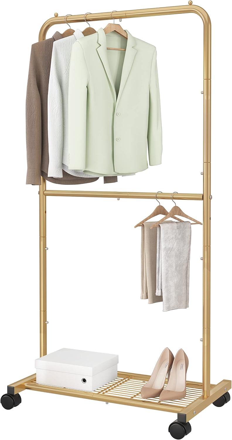 Simple Trending-Double Rod Clothing Garment Rack, Rolling Clothes Organizer on Wheels for Hanging Clothes, Golden Yellow