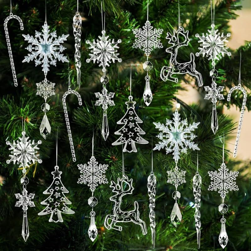 Wjelet 18PCS Christmas Tree Decorations Clear Acrylic Crystal Christmas Hanging Decorations Include Snowflake Icicle Reindeer Tree & Candy Cane Ornaments with Strings for Home Décor(clear1)