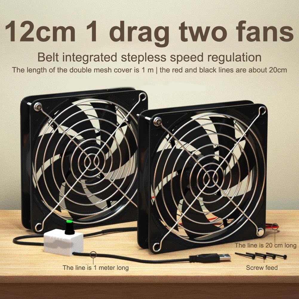 Ventola di scarico USB DC 5 V, regolabile, deodorante, per pollo, casa, cappa, 12 cm, nero, a basso rumore (doppia ventola da 12 cm)