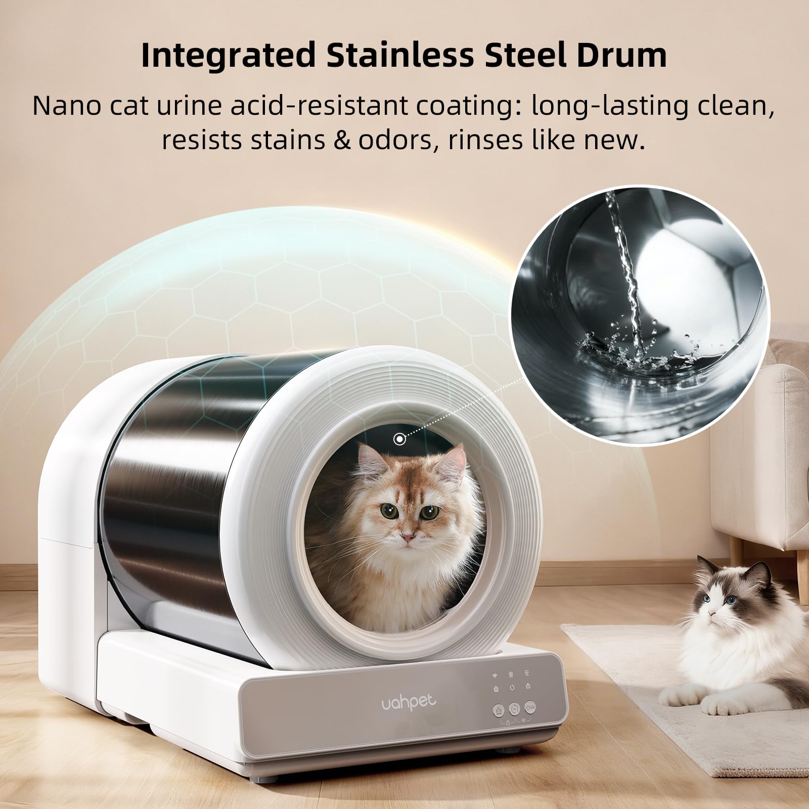 uahpet Stainless Steel Self Cleaning Cat Litter Box, Automatic Cat Litter Box with APP Control, Lower Entry, Safety Sensors Includes Mat & Trash Bags - image 2