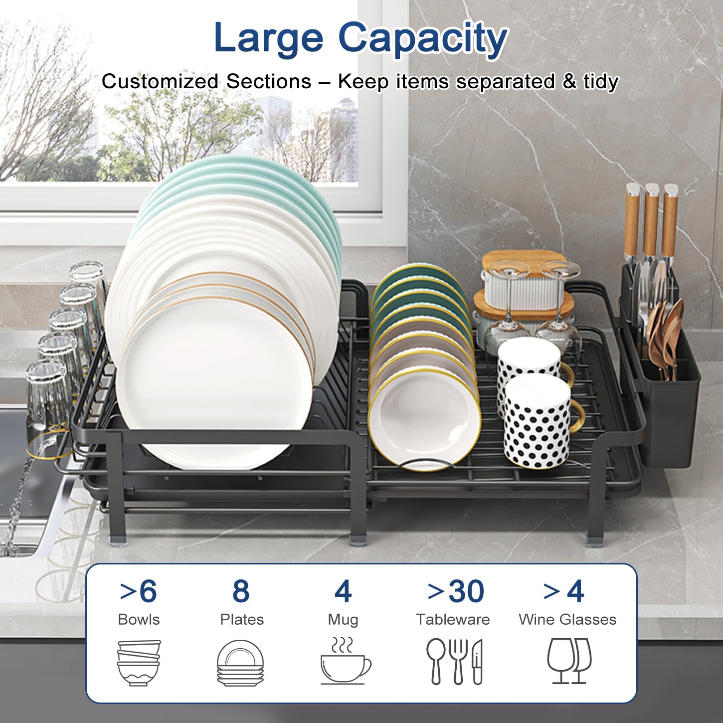 Escurreplatos de vajilla – Escurreplatos ajustable con canalón giratorio 360° y bandeja de goteo extraíble – Organización de cocina para espacios pequeños (negro)