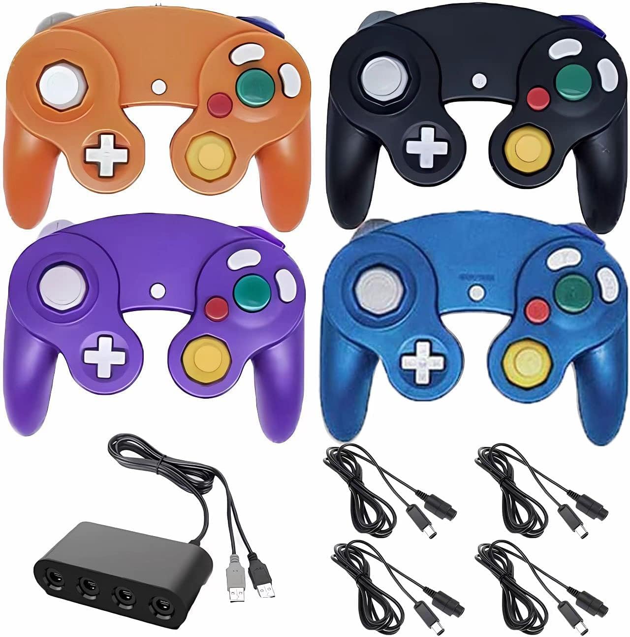 4 Gamecube controllers with 4 extension cables and 4 USB