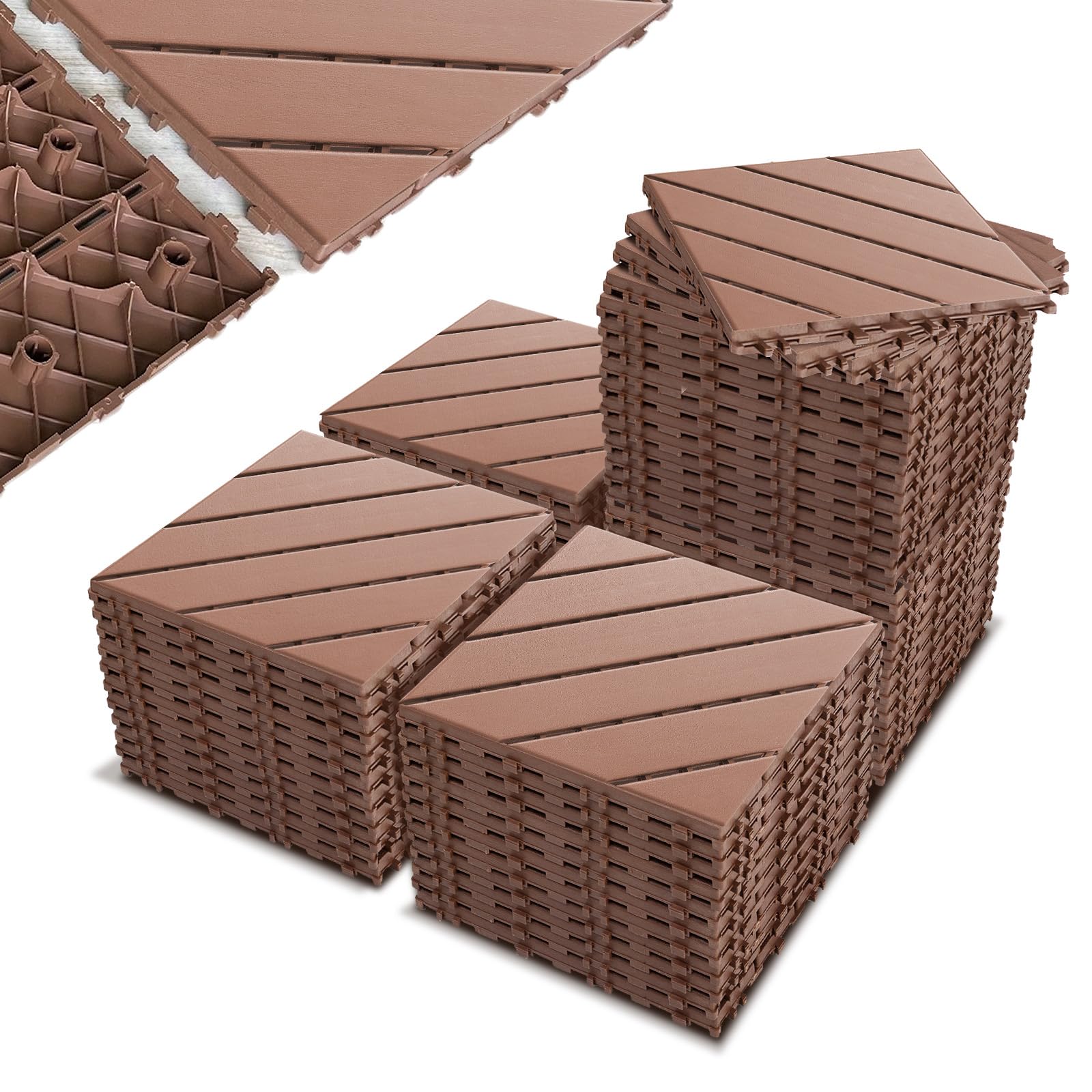44 PCS Plastic Interlocking Deck Tiles-12 x12 Waterproof Outdoor Floor Tiles All Weather Use,Non-Slip Patio Floor Decking Tiles for Backyard Porch Poolside Balcony,Brown,Diagonal Stripe
