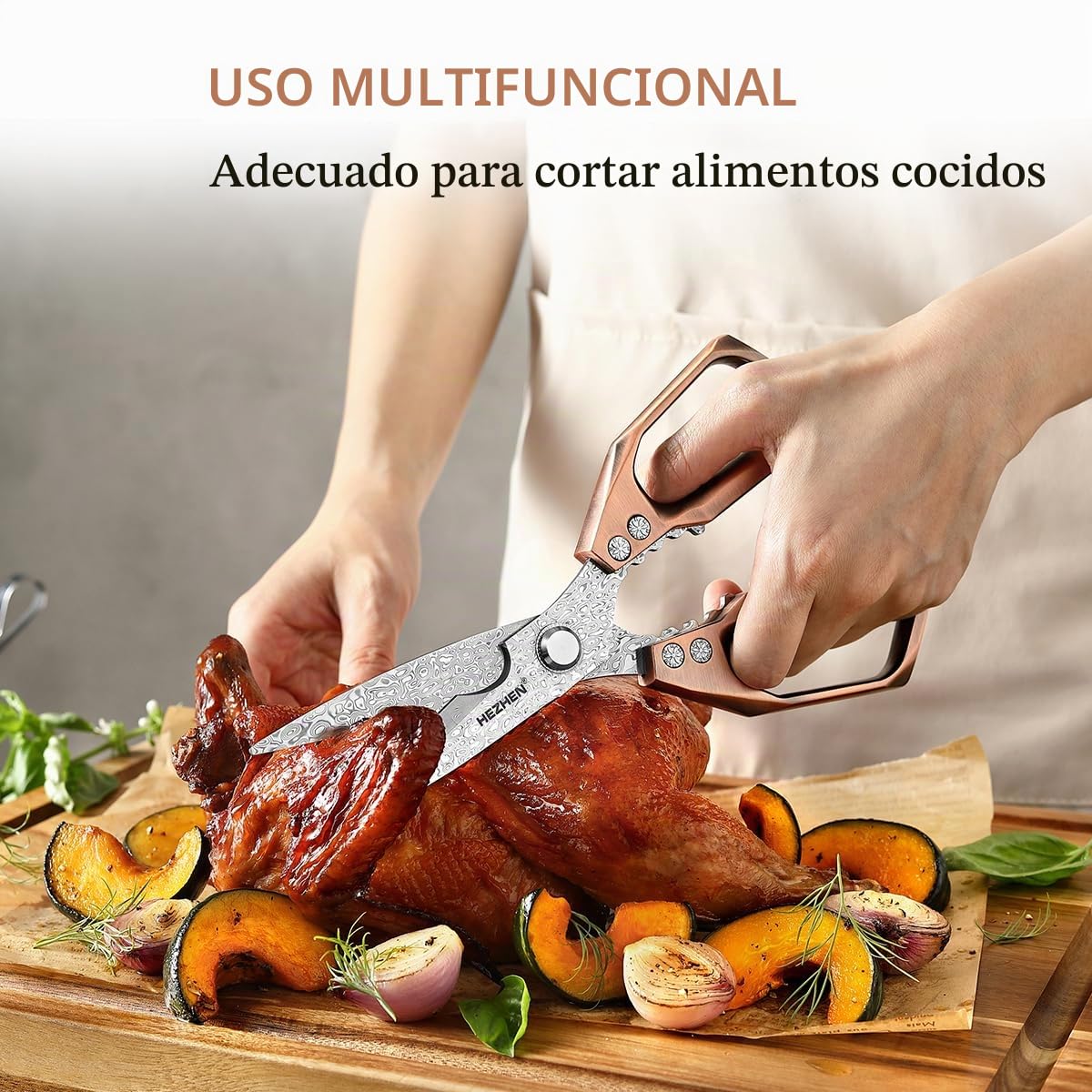 HEZHEN Tijeras de Cocina Damasco, Profesionales Multifunción con Corte de Sierra y Mango de Aleación de Aluminio